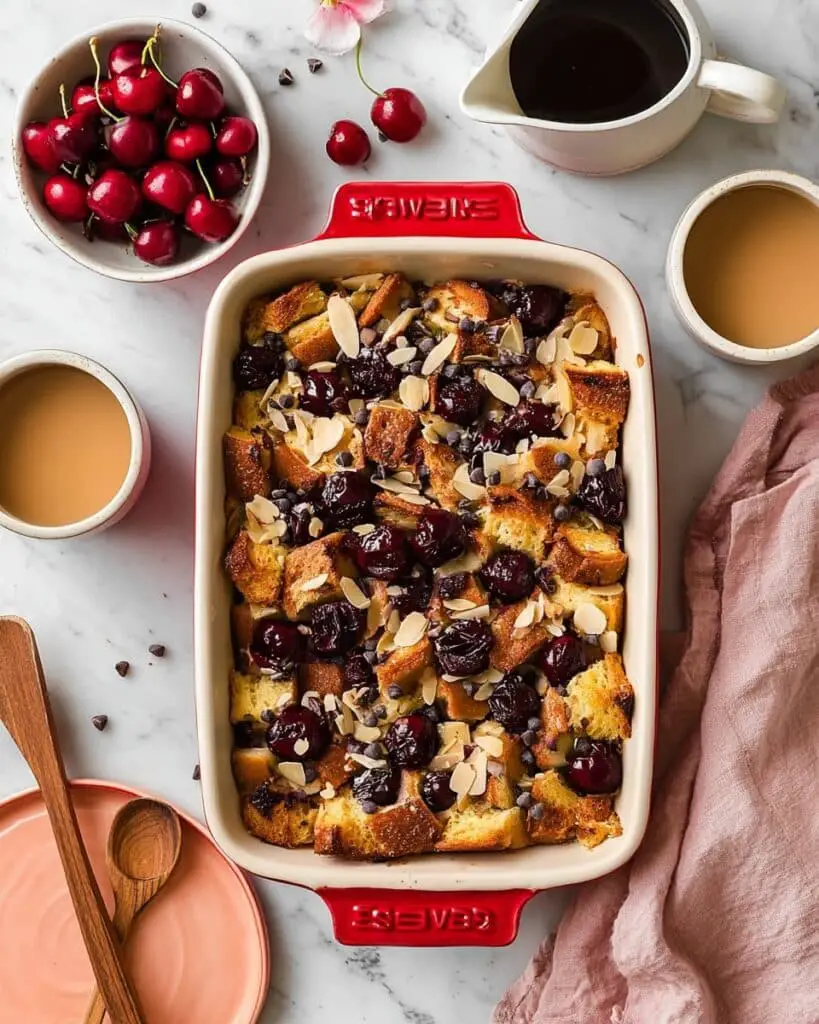Baked French Toast Casserole with Cherries, Dark Chocolate, and Almonds Recipe