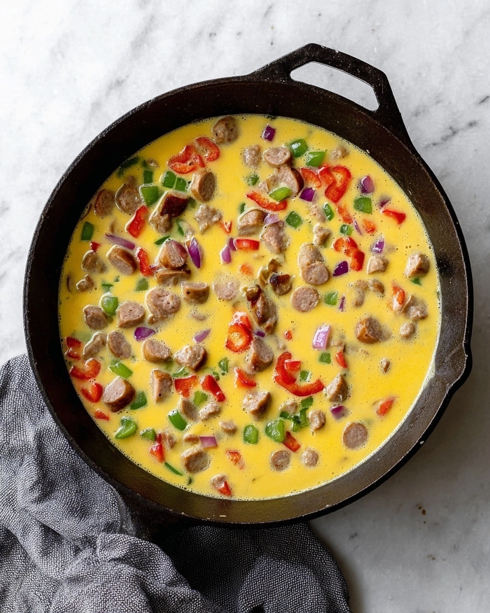A black cast iron skillet sits on a white marbled surface, filled with a raw mixture for an egg-based dish. The dish has a yellow, smooth liquid base with visible small bubbles, and is layered with chunks of light brown sausage pieces, bright red bell pepper pieces, green bell pepper pieces, and small bits of purple onion scattered evenly throughout. A folded gray cloth is placed near the handle of the skillet. photo taken with an iphone --ar 4:5 --v 7