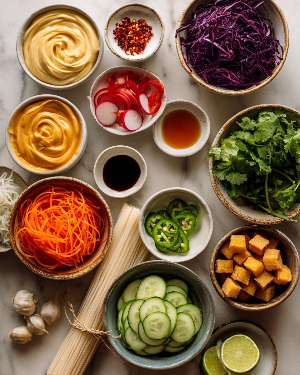 The image shows a top-down view on a white marbled surface of various small white bowls and a bundle of rice noodles tied with twine placed in the center. The bowls hold different colorful ingredients: smooth, pale yellow vegan mayonnaise swirled in its bowl at the top left; bright red sriracha sauce below it; thin, light pink pickled radishes and bright orange carrots mixed in the bowl on the left; crisp, green cucumber slices filling the bowl on the right of the pickled vegetables; thin, dark purple shredded cabbage sitting to the top right; fresh, leafy bright green cilantro in the bowl below the cabbage; juicy green lime wedges cut in half filling the small bowl on the lower left; thinly sliced bright green jalapeño rings in the bowl placed in the middle bottom area; dark, glossy maple syrup and tamari each in their own small bowl below the veggies; a small oval bowl with red chili flakes and a clove of garlic next to the syrups; light, pale rice vinegar in a white bowl near the bottom right; and a bowl filled with small, golden brown crisp tofu cubes on the right side. The ingredients are carefully arranged with clear labels floating above each bowl or bundle. Photo taken with an iphone --ar 4:5 --v 7
