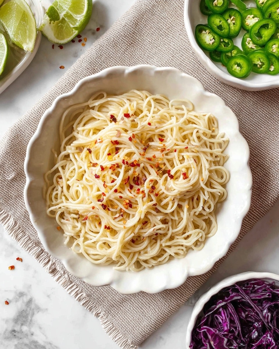 A white scalloped bowl filled with a single layer of thin, light beige noodles scattered with small red chili flakes on top, placed on a beige textured cloth over a white marbled surface. Around it, a small white bowl with bright green sliced jalapeños to the top right, and a small white bowl with dark purple shredded cabbage at the bottom right. To the left, there are several lime pieces and wedges partially visible on the white marbled surface. Photo taken with an iphone --ar 4:5 --v 7
