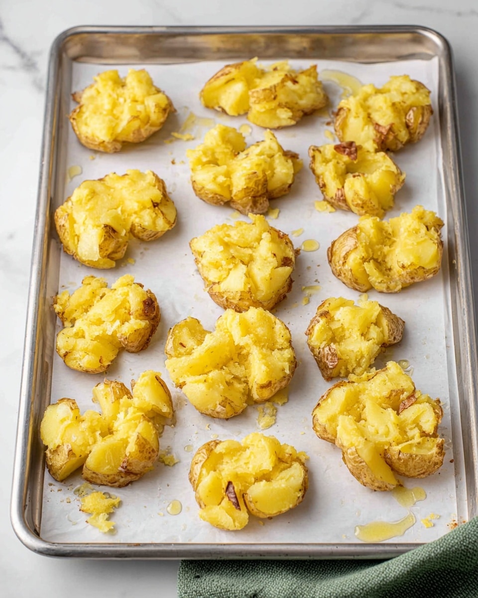 A silver baking tray lined with white parchment paper holds 15 smashed cooked potatoes spaced evenly. Each potato is lightly crushed, showing bright yellow soft interiors with some brownish crispy skin edges curling around the sides. The texture of the potatoes looks tender but firm with some small lumps and bits of skin scattered around, and a few small drops of oil glisten on the paper. The background is a white marbled surface with a green cloth napkin partially visible on the bottom right side. photo taken with an iphone --ar 4:5 --v 7