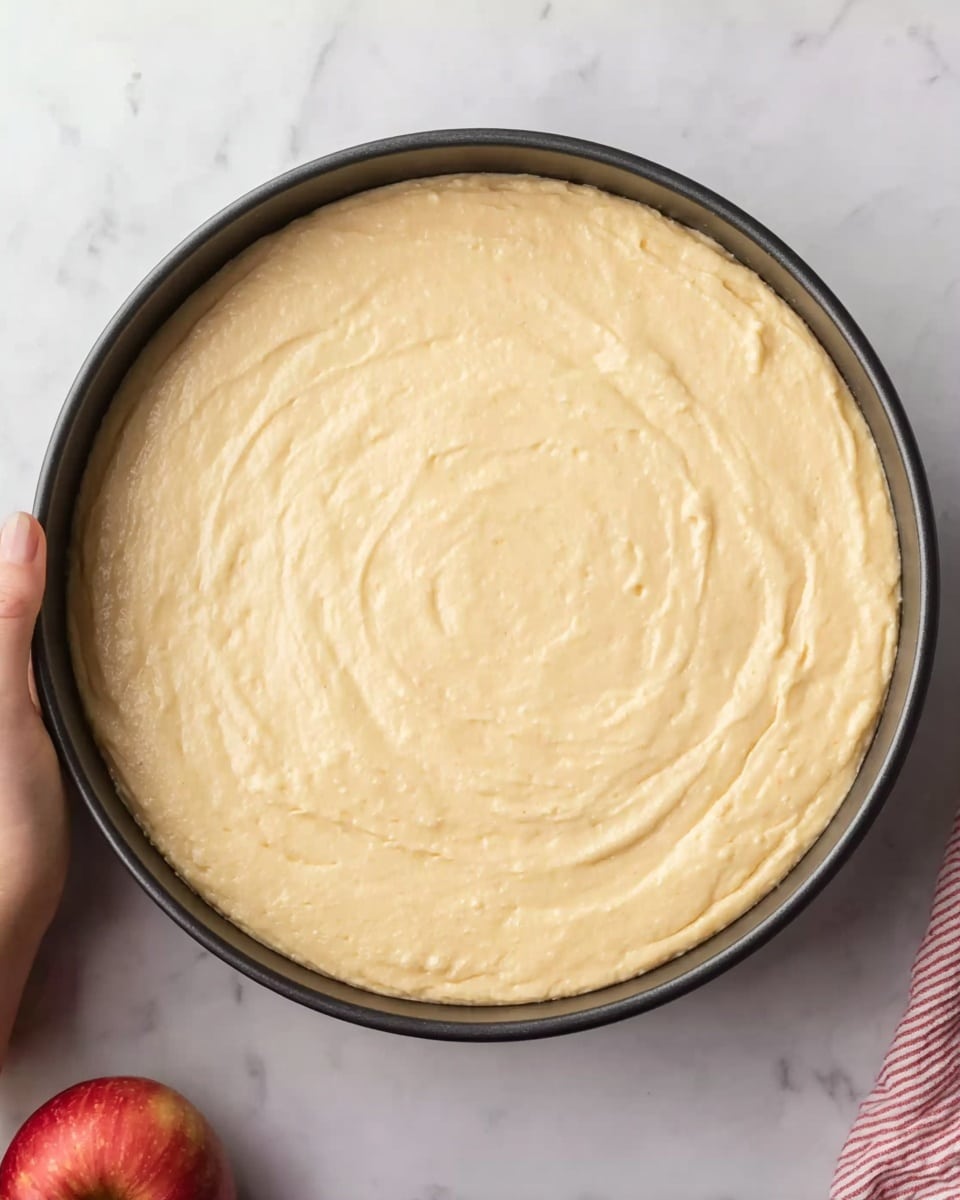 A round black baking pan filled with a smooth, thick, pale yellow batter, spread evenly but with subtle swirls and slight peaks visible on the surface, set on a white marbled texture background with part of a woman's hand holding the edge of the pan on the right side and a whole red apple in the bottom left corner of the image photo taken with an iphone --ar 4:5 --v 7