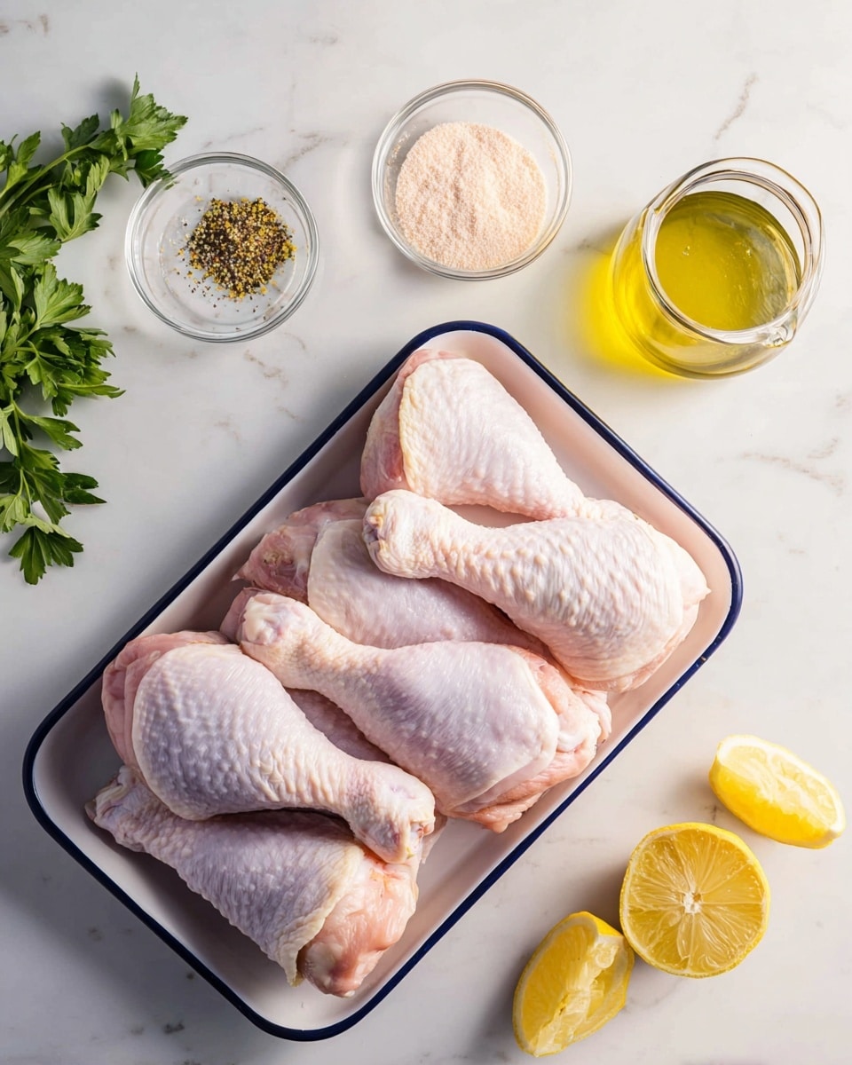 A white rectangular tray with a dark blue rim holds six raw chicken drumsticks stacked closely, showing pale pink skin with a slightly bumpy texture, and visible white bone tips. Around the tray on a white marbled surface, there are two small clear glass bowls filled with light yellow powder and pink salt respectively at the top, a small clear glass bowl with black and yellow seasoning at the bottom, a clear glass bottle of golden olive oil to the right, bright yellow lemon wedges scattered on the bottom left, and a small bunch of fresh green parsley leaves on the top left. Photo taken with an iphone --ar 4:5 --v 7