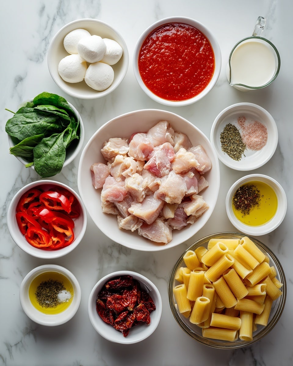 The image shows a top-down view of various cooking ingredients arranged neatly on a white marbled surface. In the center, there is a white bowl filled with raw chicken pieces that are pale pink and chunky. Around it, there are several white bowls with different ingredients: two white mozzarella balls on the top left, sliced red roasted peppers on the top right, fresh green spinach leaves on the bottom left, and sun-dried tomatoes on the bottom right. Small bowls hold finely minced garlic, olive oil, and mixed dried herbs and spices, including black pepper, pink salt, and crushed red pepper flakes. A larger white bowl contains bright red tomato sauce, and a measuring cup holds a white liquid, likely cream or milk. On the right side, there is a box of rigatoni pasta, predominantly white with red accents. Photo taken with an iphone --ar 4:5 --v 7