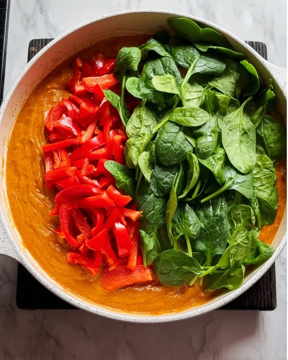 A white pan filled with three layers of food: the bottom layer is a thick orange sauce with a smooth texture, on the left side there are bright red, sliced bell peppers stacked in small pieces, and the top layer is fresh, vibrant green spinach leaves piled high on the right side. The pan is placed on a white marbled surface. The lighting is clear and natural, highlighting the fresh colors of the ingredients. Photo taken with an iphone --ar 4:5 --v 7