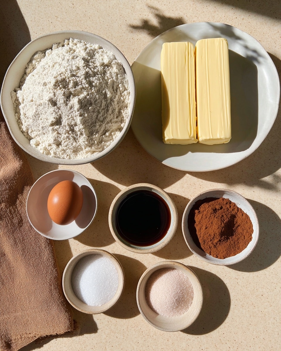 The image shows baking ingredients arranged on a beige surface with natural light and shadows. In the center, there are two long sticks of yellow butter placed side by side on a white plate. Above them, a large white bowl is filled with white flour that has a slightly rough texture. To the left of the flour, a smaller white bowl contains granulated white sugar. Below the butter plate, there is one brown egg with a smooth shell. Next to the egg, a white bowl holds a glossy dark liquid, probably molasses. To the right of the flour, a small beige bowl contains two powders side by side—one is white and the other is light pink. Below that, another white bowl is filled with a brown powder, rich in color, likely cinnamon. Lastly, a white bowl at the bottom right corner carries a darker brown soft powder, possibly brown sugar. A beige cloth is partly visible on the left edge. The photo taken with an iphone --ar 4:5 --v 7