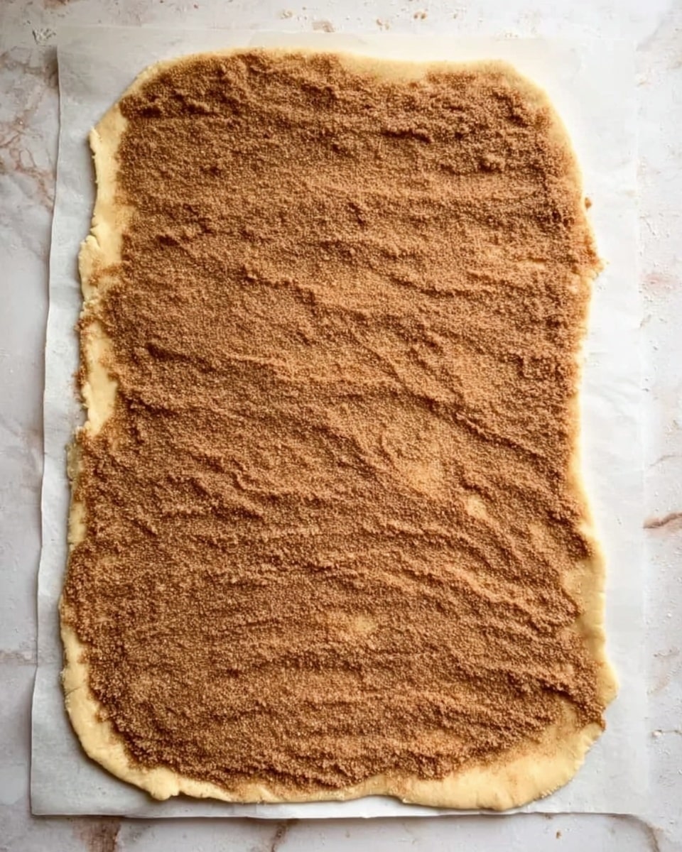 A sheet of dough rolled out unevenly into a large rectangle with rough, slightly thick edges, lying on white parchment paper on a white marbled surface. The dough is topped with a thick, even layer of brown cinnamon and sugar mixture, spread smoothly to cover nearly all of the dough except for a thin border around the edges. The cinnamon topping has a grainy, powdery texture with subtle brush marks showing it was spread by hand. Photo taken with an iphone --ar 4:5 --v 7
