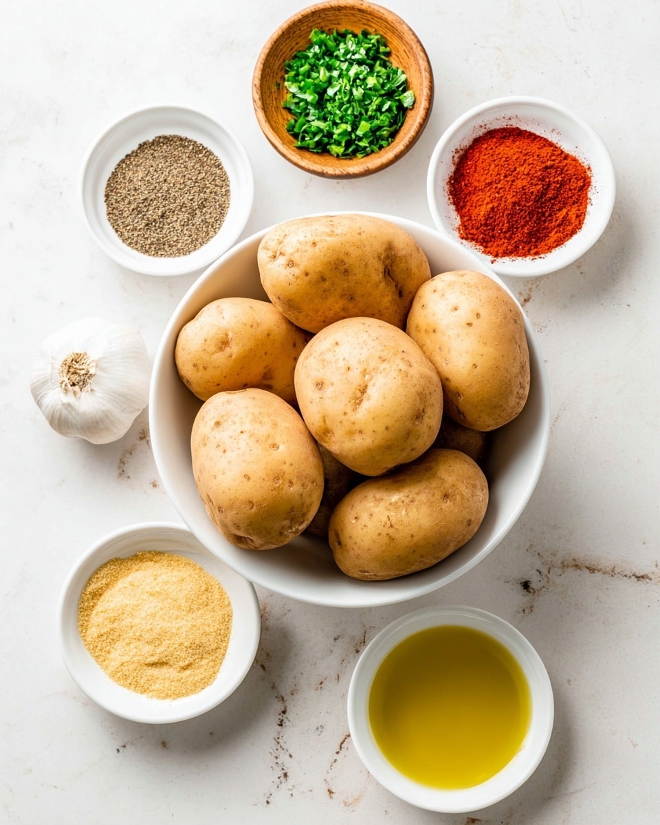 A white bowl filled with seven light brown potatoes, smooth and unpeeled, sits in the center on a white marbled surface. Surrounding the bowl in a circle are six small white and wooden bowls containing various ingredients: bright green chopped herbs, vivid red paprika powder, ground black pepper, minced garlic, pale yellow garlic powder, and a golden yellow liquid, likely oil. The colors and textures contrast each other clearly against the white marbled background. photo taken with an iphone --ar 4:5 --v 7