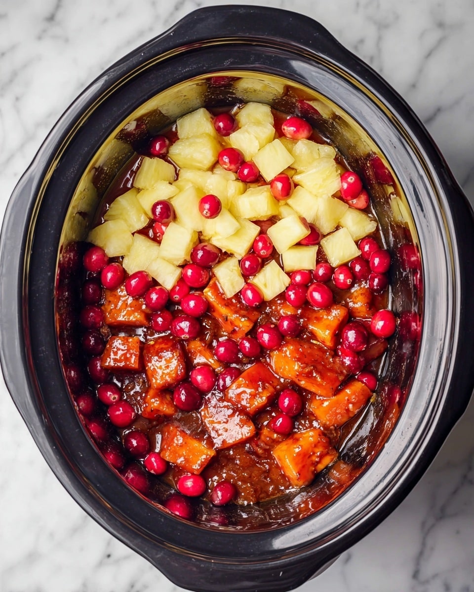 The image shows a black slow cooker filled with three layers of food. The bottom layer is a glossy, dark sauce mixed with chunks of orange meat or cooked vegetables with a slightly shiny texture. On top of this are bright red cranberries scattered evenly, some resting partly in the sauce. The top layer consists of small, pale yellow pineapple cubes spread over the cranberries and sauce. The slow cooker sits on a white marbled surface, and the photo was taken with an iphone --ar 4:5 --v 7