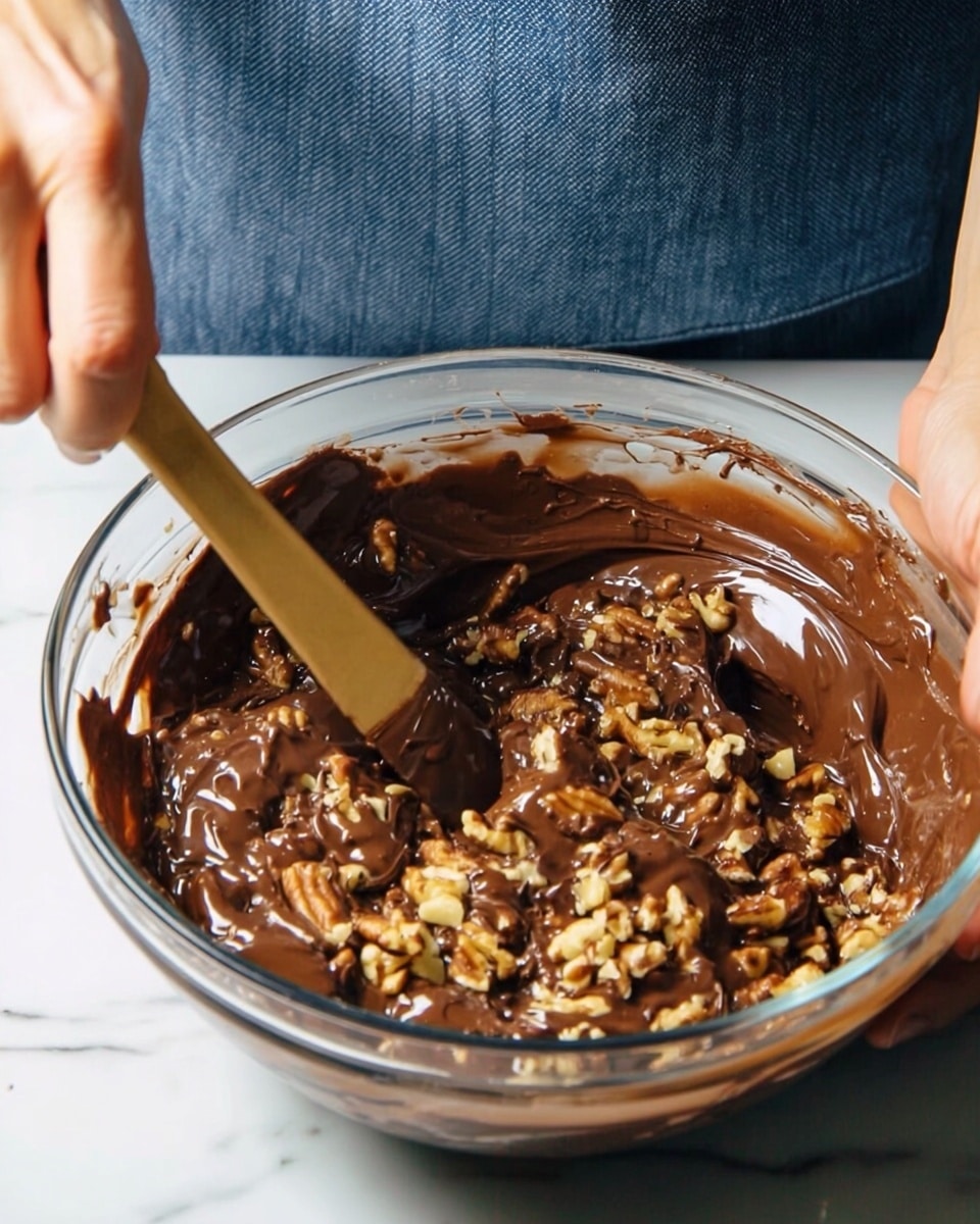 A clear glass bowl full of shiny dark brown chocolate mixed with pieces of nuts is being stirred by a woman's hand holding a wooden spatula on the left side, while another woman's hand holds the bowl on the right side. The bowl is set on a white marbled surface and the person stirring wears a blue apron with visible fabric texture. The chocolate looks thick and creamy, covering the nuts unevenly, making a rich and textured mix photo taken with an iphone --ar 4:5 --v 7