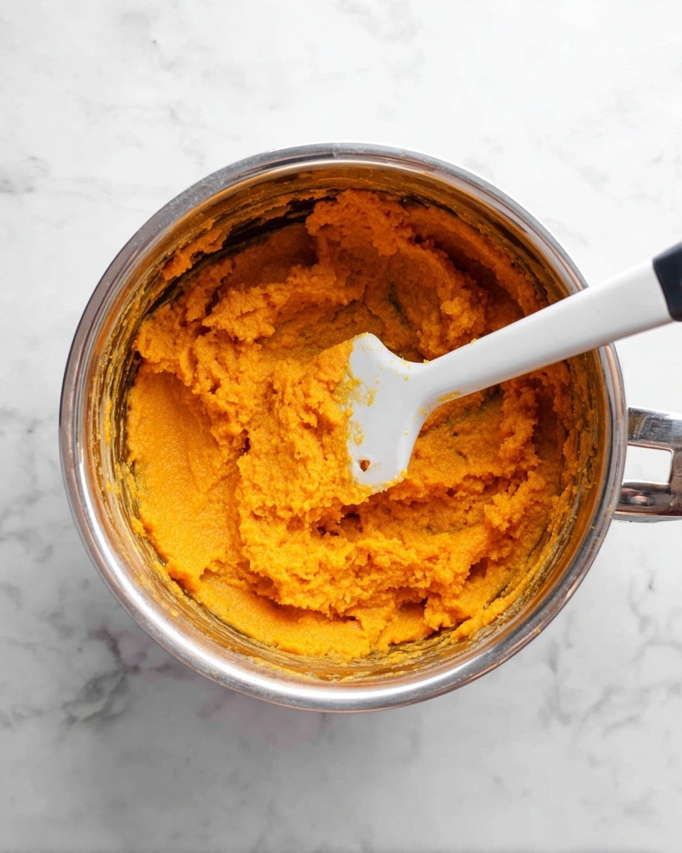 A top view of a shiny silver pot filled with a thick, bright orange mashed mixture. The mash texture looks smooth but slightly lumpy, as it is stuck to the sides of the pot. Inside the pot, a white spatula with some mash on it rests, angled to one side, partially uncovering the bottom silver surface. The pot sits on a white marbled surface, adding a clean and bright background to the image. photo taken with an iphone --ar 4:5 --v 7