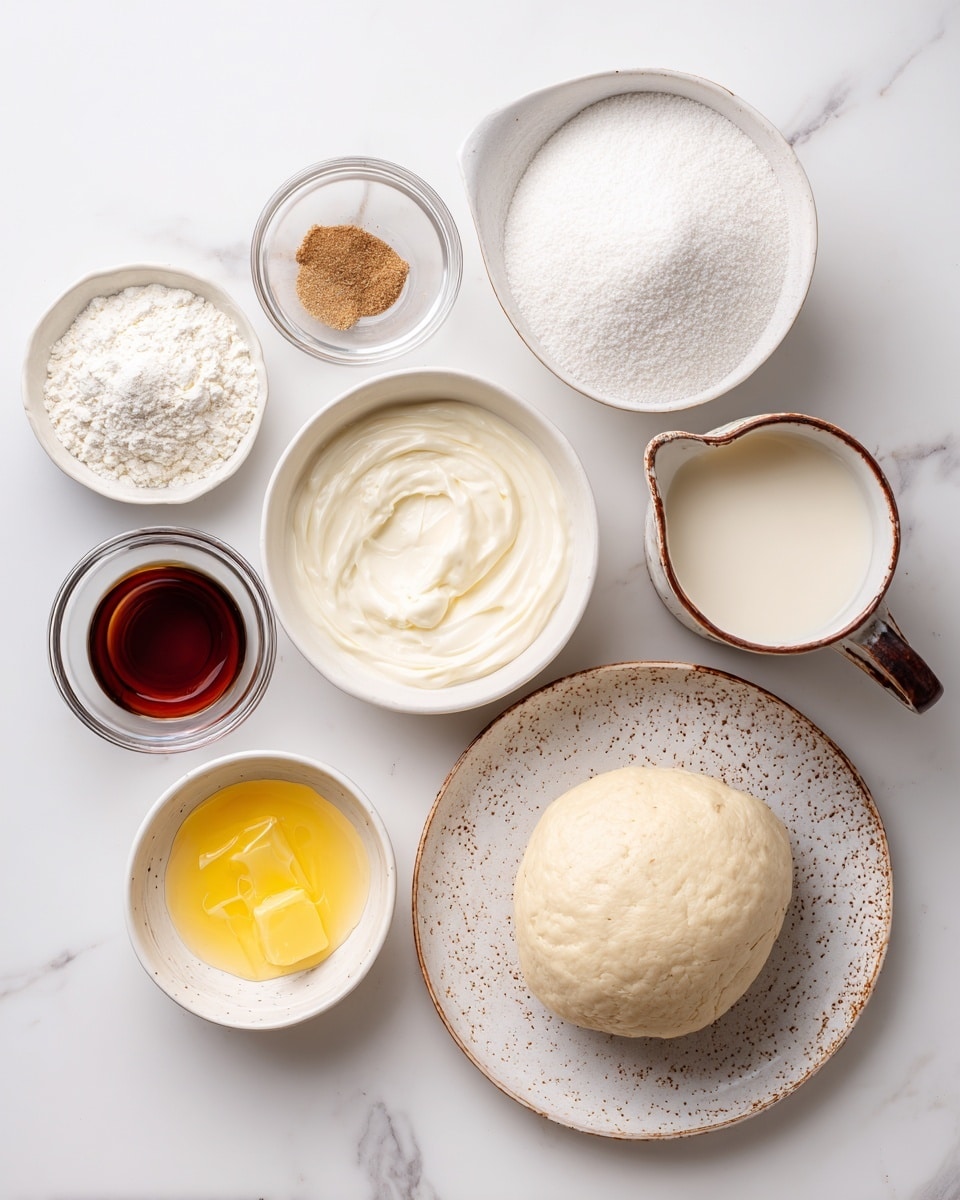 A top view of several small bowls and one plate arranged on a white marbled surface, each holding a different baking ingredient. At the top right, a white bowl filled with white granulated sugar; below it to the right, a white cup with a brown handle holding unsweetened plant milk, creamy off-white in color. At the center right, a beige ball of pie crust dough sits in a white plate with brown speckles along the rim. To the bottom left of the dough, a small white bowl contains white cornstarch powder. Above it, a translucent bowl shows creamy white full-fat canned coconut cream. Above that and left slightly, a white bowl holds bright yellow melted vegan butter. Above this is a clear bowl with a small pile of light brown ground cinnamon. Near the top left corner, a small glass bowl holds dark brown vanilla extract. A small white bowl of fine sea salt is placed just above the dough plate. Each bowl is distinct but simple, and everything is neatly arranged on the white marbled surface. Photo taken with an iphone --ar 4:5 --v 7
