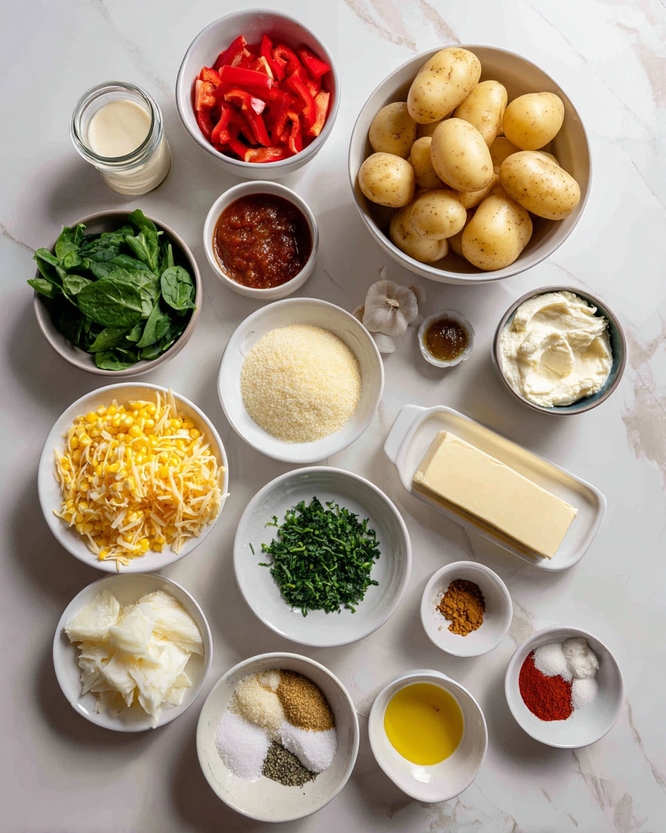 The image shows multiple white bowls and small dishes arranged on a white marbled surface, each filled with different colorful ingredients. At the center right is a white bowl filled with peeled russet potatoes, which are pale yellow and smooth. Surrounding it are bowls with bright red chopped red bell pepper, finely chopped white yellow onion, vibrant green baby spinach leaves, and chopped parsley in a small rectangular white dish. Another bowl holds bright yellow corn kernels, and a white bowl contains shredded vegan cheddar-style cheese in a deep yellow-orange color. There is a small dish with pale yellow vegan butter, a white bowl of vegan cream cheese that is smooth and creamy white, and a jar with light beige unsweetened plant milk. Additional items include a bowl with pale panko breadcrumbs, a dish with minced garlic, a small dish of fine sea salt that looks white and grainy, and a plate with a mix of freshly ground black pepper and smoked paprika showing dark brown and deep red powders. There is also a small dish with a bright yellow dollop of dijon mustard, a bowl of yellow nutritional yeast flakes, a dish with all-purpose flour looking powdery white, and a small bowl filled with golden olive oil. Each ingredient is clearly labeled with black text on a transparent background above or beside the bowls. Photo taken with an iphone --ar 4:5 --v 7