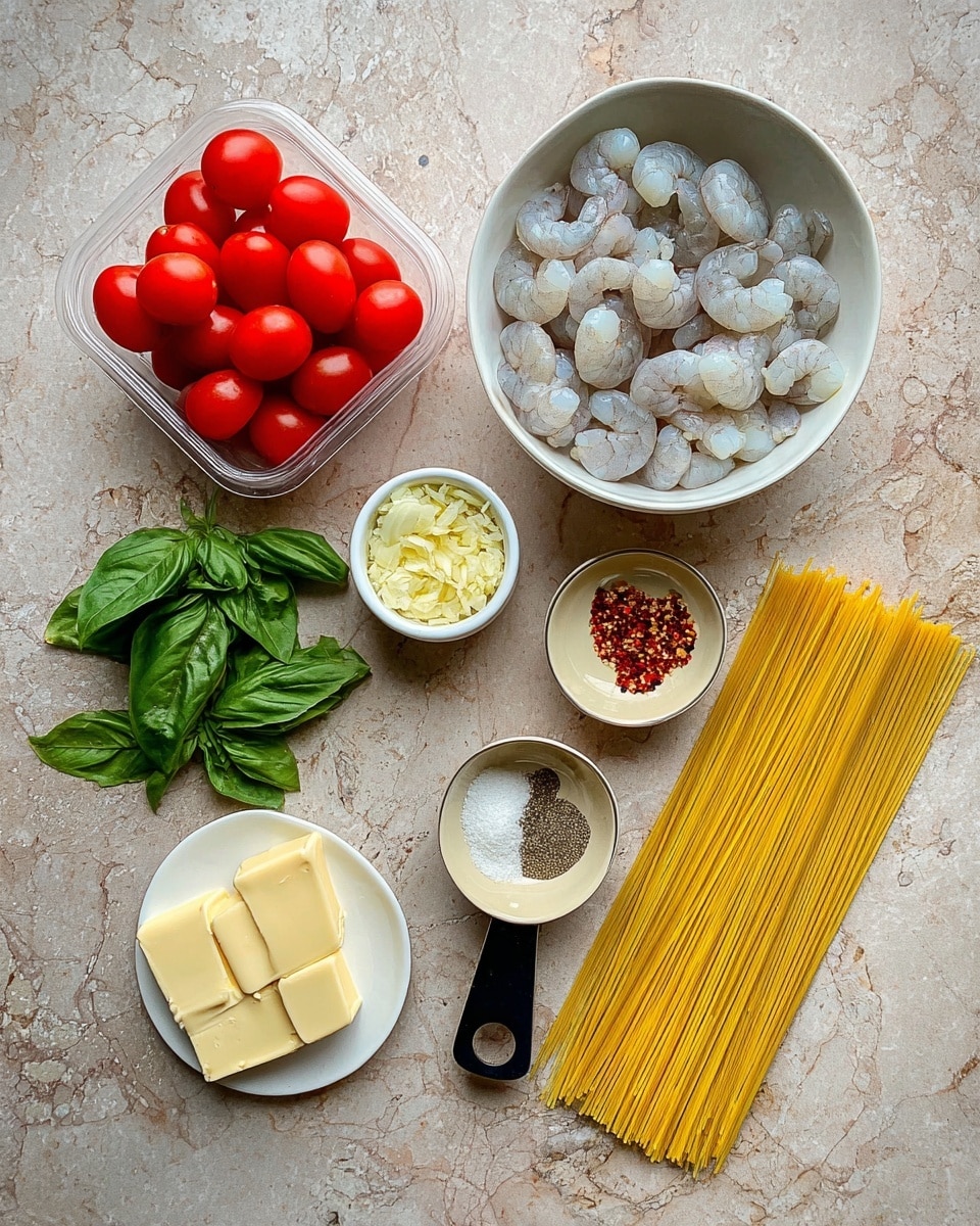 The image shows eight ingredients neatly arranged on a light brown stone surface with a white marbled texture. Starting at the top left, there is a clear plastic container filled with bright red grape tomatoes. Next to it on the right, a round white bowl is full of raw, peeled shrimp that are pale gray with slight translucence. Below the shrimp is a small white ramekin filled with finely chopped garlic, pale yellow in color. Next to it, on the right, is a small beige dish holding three types of seasoning: coarse salt, black pepper, and red chili flakes. Below these, spread out on the right side, are long uncooked dry spaghetti strands, golden yellow and laid flat. On the bottom left corner, a small white plate has three thick blocks of pale yellow butter. Above the butter, fresh green basil leaves are loosely grouped in a bunch. Near the tomatoes, a black metal measuring cup is visible. The colors are vibrant, and the scene is well lit, all set on a white marbled surface, photo taken with an iphone --ar 4:5 --v 7