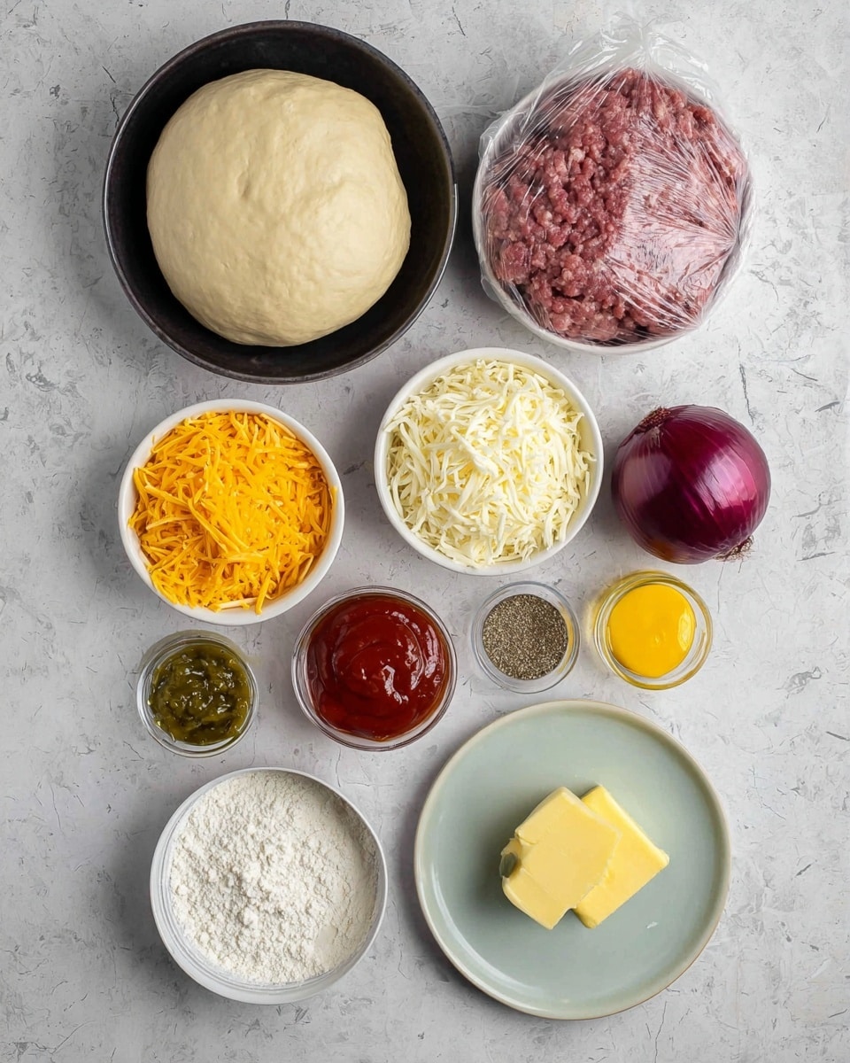 The image shows various cooking ingredients neatly arranged on a white marbled surface. There is one bowl with a beige dough ball on the top, a black bowl below it containing raw ground meat covered with clear plastic wrap, and a red onion placed to the right of the dough. Below the onion, a white bowl holds bright orange shredded cheese, while another white bowl beneath it contains white shredded cheese. Three small bowls are nearby: one with green relish, one with dark red ketchup, and one glass container with yellow mustard. At the bottom are two more dishes — a pale blue plate with a mix of white flour, salt, and ground black pepper, and a silver bowl with melted yellow butter and a small chunk of solid butter. The layout is clean and organized, with good light highlighting the ingredients. photo taken with an iphone --ar 4:5 --v 7