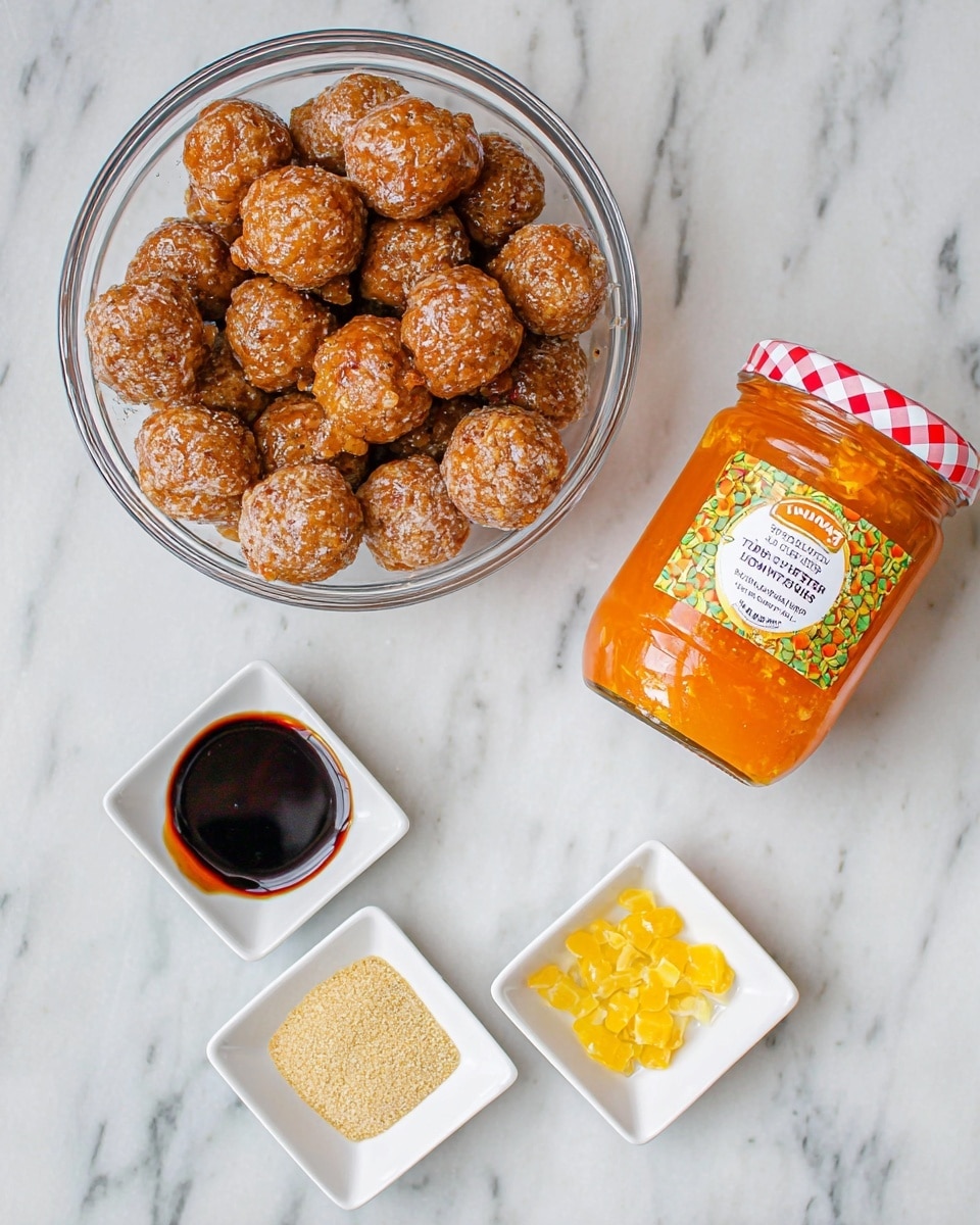 The image shows a clear glass bowl filled with many round, brownish-orange textured balls, likely dried or coated fruit. To the right of the bowl, there is a jar of bright orange marmalade with a colorful label and a checkered red and white lid. Below the bowl are three small white square dishes arranged in a triangle, each containing different ingredients: one with a dark brown liquid, one with a light yellow grainy powder, and one with chopped yellowish bits. All objects are placed on a white marbled surface. photo taken with an iphone --ar 4:5 --v 7
