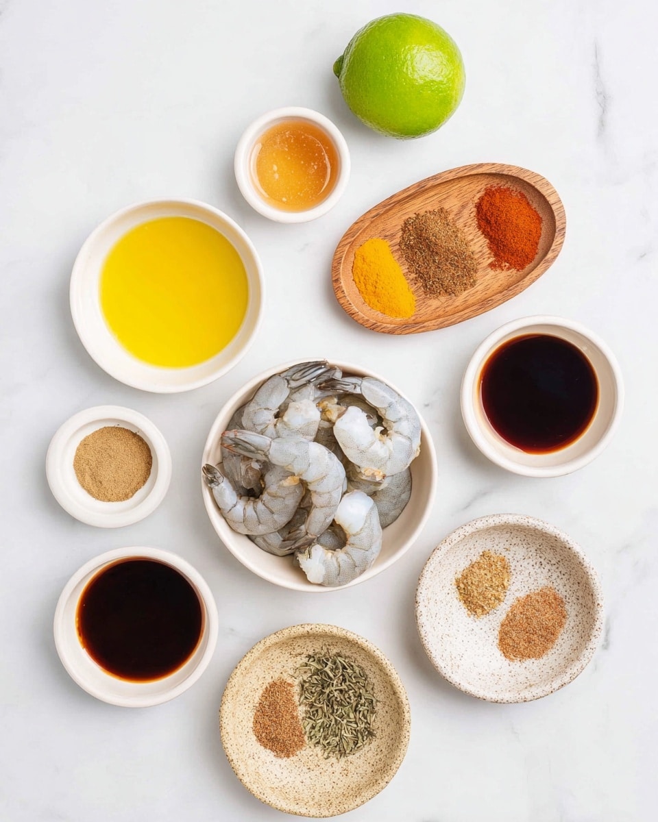 The image shows a group of ingredients arranged neatly on a white marbled surface. In the center, there is a white bowl filled with raw grayish-white shrimp. Around it, there are six small bowls and plates with different items: a white bowl with golden yellow oil at the bottom left, a white bowl with light amber honey above it, and another white bowl with dark brown soy sauce on the right side. Above the shrimp bowl is a whole bright green lime. To the top right of the lime is a small wooden plate with two piles of spices, one orange and one reddish-brown. Below the honey, there is another small wooden plate holding a mix of brown and beige spices and herbs, including thyme leaves. On the bottom right is a speckled ceramic plate with several light and dark brown powdered spices arranged in small groups. The whole setup is clean and bright, emphasizing the natural colors and textures of the ingredients. photo taken with an iphone --ar 4:5 --v 7