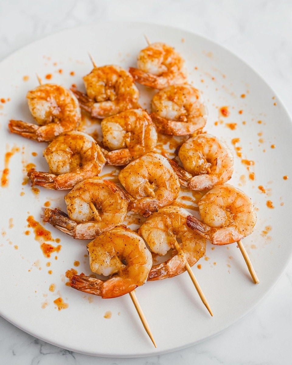 The image shows five wooden skewers each holding five cooked shrimp, arranged in parallel on a large white plate. The shrimp have a light orange color with some darker spots from seasoning or cooking, and their curved shapes alternate slightly along each skewer. There are small splashes of orange sauce or seasoning on the plate around the shrimp. The plate is placed on a white marbled surface, creating a clean and bright background. photo taken with an iphone --ar 4:5 --v 7