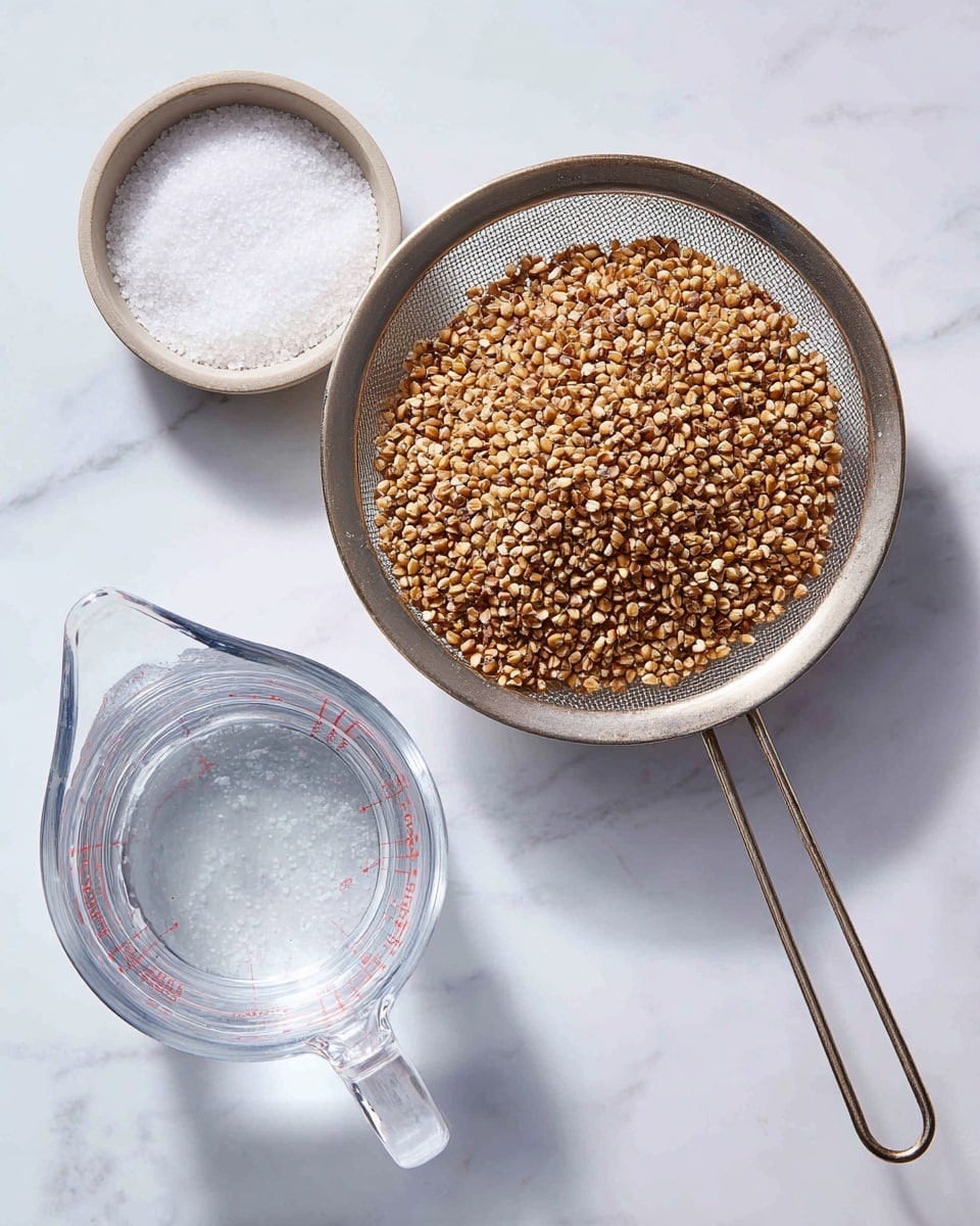 A metal strainer with a handle is placed on a white marbled surface, filled with dry buckwheat grains that are light to dark brown with a rough texture. To the left of the strainer, there is a small clear glass bowl containing white salt with a slightly coarse texture. Below the bowl, a clear measuring cup filled with water is positioned, showing transparent liquid with red measurement markings on the side. The overall scene is clean and simple with a focus on the raw ingredients. Photo taken with an iphone --ar 4:5 --v 7