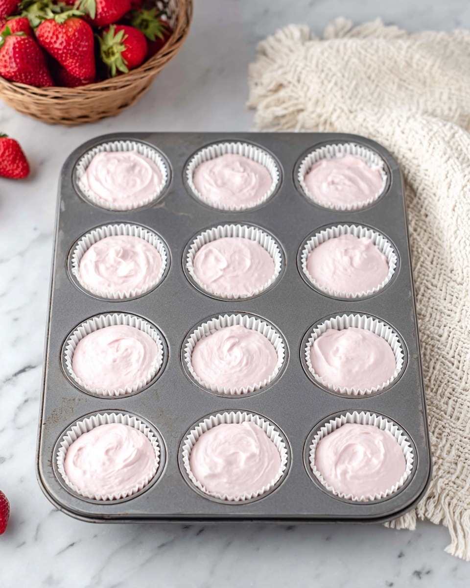 A gray metal muffin tray holds twelve white paper cupcake liners, each filled with a smooth pale pink batter, slightly swirled on the top. The tray rests on a white marbled surface, with a basket of fresh red strawberries visible in the upper left corner and a white textured cloth with fringed edges positioned in the upper right corner. The scene is bright and clean, focusing on the soft color contrast between the pink batter and the neutral background. photo taken with an iphone --ar 4:5 --v 7