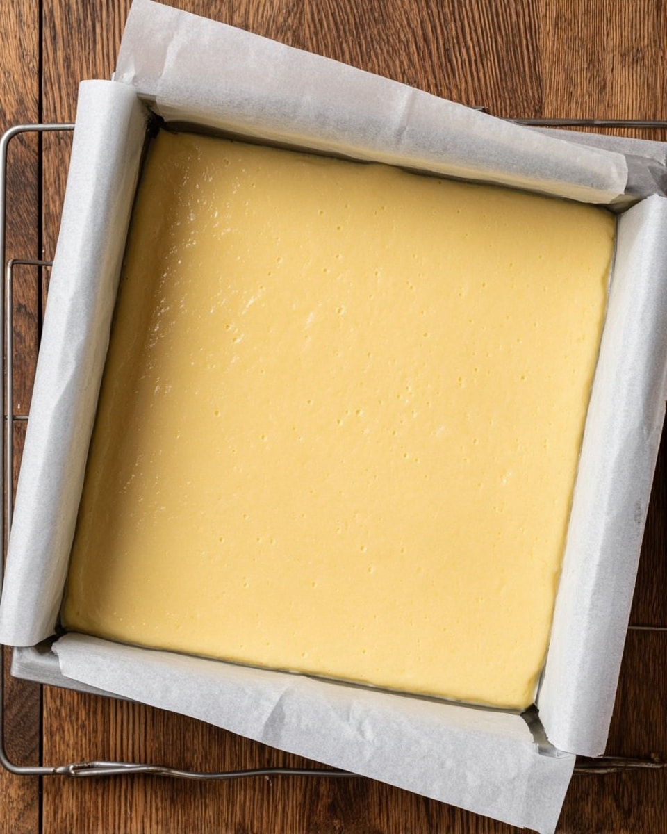 The image shows a square baking pan lined with white parchment paper spread neatly inside. The pan is filled with a smooth, even layer of pale yellow batter that reaches close to the edges without spilling over. The surface of the batter is silky and flat with a few tiny bubbles visible, indicating it is uncooked. The pan is placed on a wooden surface, with a visible metal rack partly shown under it. photo taken with an iphone --ar 4:5 --v 7