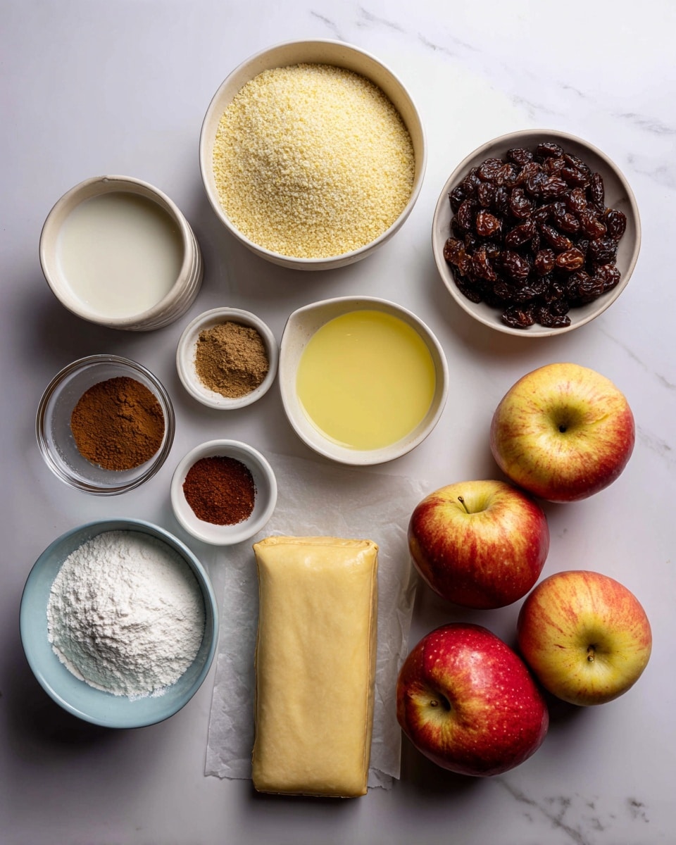 The image shows ingredients neatly arranged on a white marbled surface, grouped in small white bowls and loose items. At the top center is a bowl of fine, light beige breadcrumbs. To its right is a bowl filled with dark golden brown raisins. Below the breadcrumbs is a bowl of dark brown sugar with a crumbly texture. To its right is a small bowl of white cornstarch powder. On the bottom left side is a light blue bowl filled with white powdered sugar, and next to it is a small glass bowl containing ground nutmeg with a dark brown color. Beside that is another small glass bowl filled with bright reddish-brown cinnamon powder. A small white bowl with pale yellow lemon juice is placed nearby. To the left side, another small white bowl holds off-white plant-based milk. At the bottom of the layout is a rectangular block of smooth, pale beige vegan puff pastry placed on parchment, and to the bottom right are four shiny medium apples that are mostly red with yellow patches. Each ingredient is clearly labeled in black text boxes with white backgrounds. photo taken with an iphone --ar 4:5 --v 7