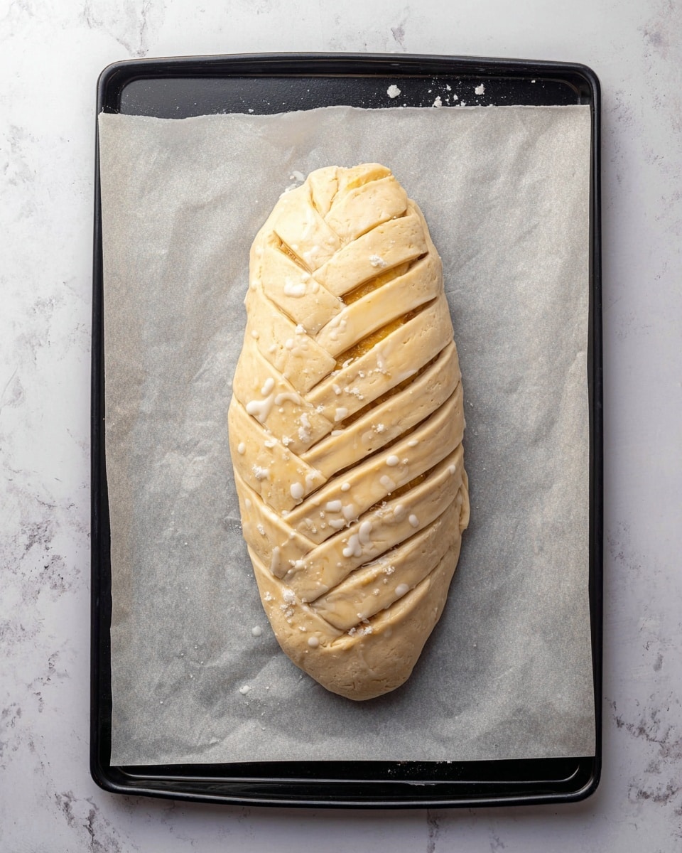 An oval-shaped braid bread is placed on white parchment paper on a black baking tray. The bread has a light beige color with multiple diagonal strips of dough layered on top in a crisscross pattern, giving a textured look. The top end of the bread is folded and pinched, creating a rounded, closed tip. There are small drops of white glaze scattered lightly on the surface of the dough. The tray is set on a white marbled surface. Photo taken with an iphone --ar 4:5 --v 7
