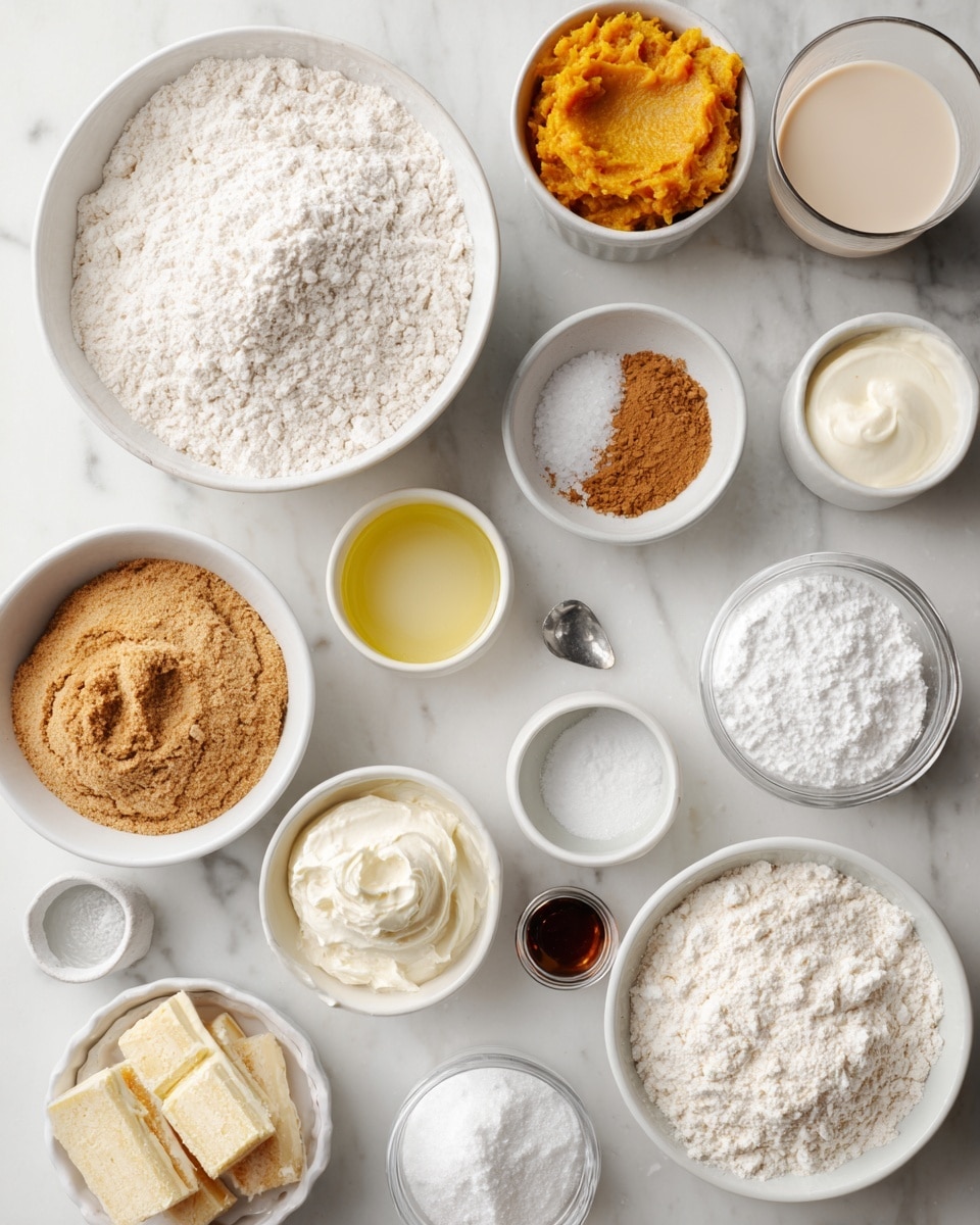 A top-down view shows several small white bowls and clear glass containers neatly arranged on a white marbled surface, each filled with different baking ingredients. There is a large white bowl filled with white all-purpose or gluten-free flour, a small white bowl with fine sea salt, and another white bowl holding a light yellow oil. Nearby, a small silver container is filled with bright orange pumpkin puree. A white bowl contains white powdered sugar, and next to it, a white container with creamy white vegan cream cheese. Other items include a glass with a beige vegan milk, a white bowl with golden brown sugar, a small white bowl with light yellow vegan butter sticks, and a white bowl with a mix of cinnamon and pumpkin pie spice in brown tones. Additionally, there are small containers with white baking soda, white cornstarch, and white baking powder. A tiny white round bowl contains dark brown vanilla extract. Everything is neatly placed, creating a clean, organized look with soft natural light. Photo taken with an iphone --ar 4:5 --v 7