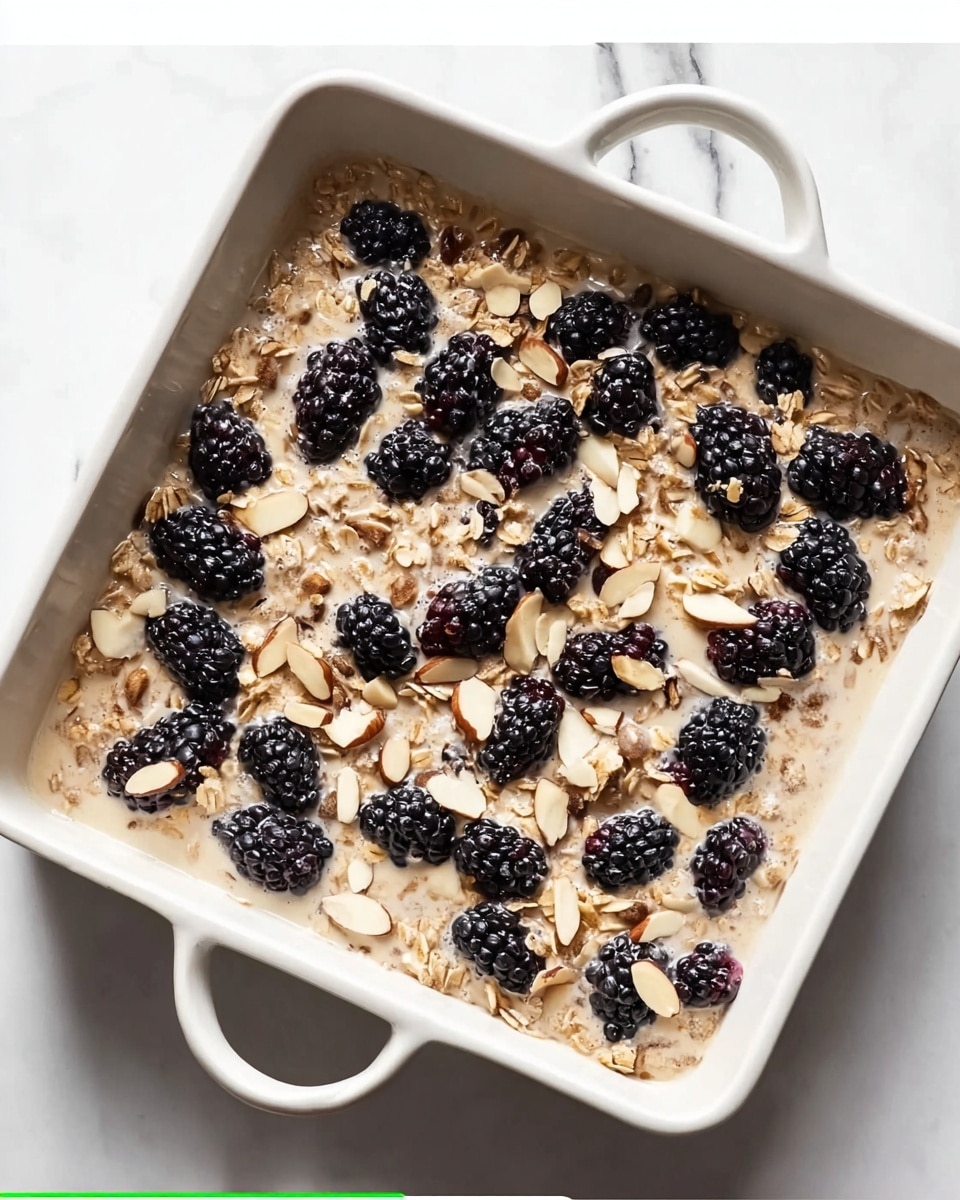 A white square baking dish filled with a mixture that looks like an oatmeal batter. The dish has a creamy base visible through scattered oats and sliced almonds on top. Blackberries are spread evenly on the surface, adding dark purple and black spots among the beige and brown oat mixture. The texture on top is slightly rough from the oats and nuts, with the blackberries sitting sunken slightly into the batter. The dish is placed on a white marbled surface. Photo taken with an iphone --ar 4:5 --v 7