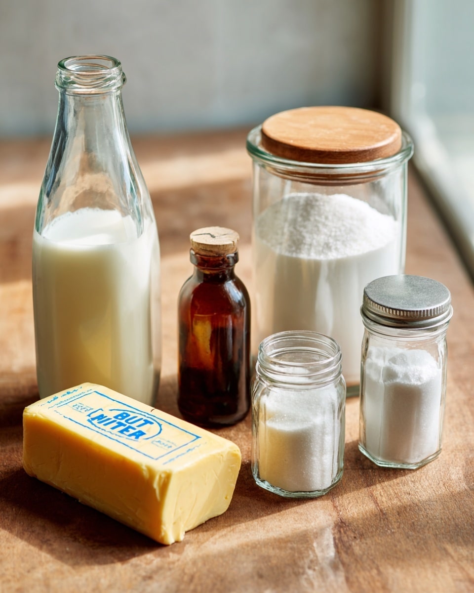 The image shows six baking ingredients neatly arranged on a wooden surface. From left to right, there is a tall glass bottle filled with white buttermilk and labeled