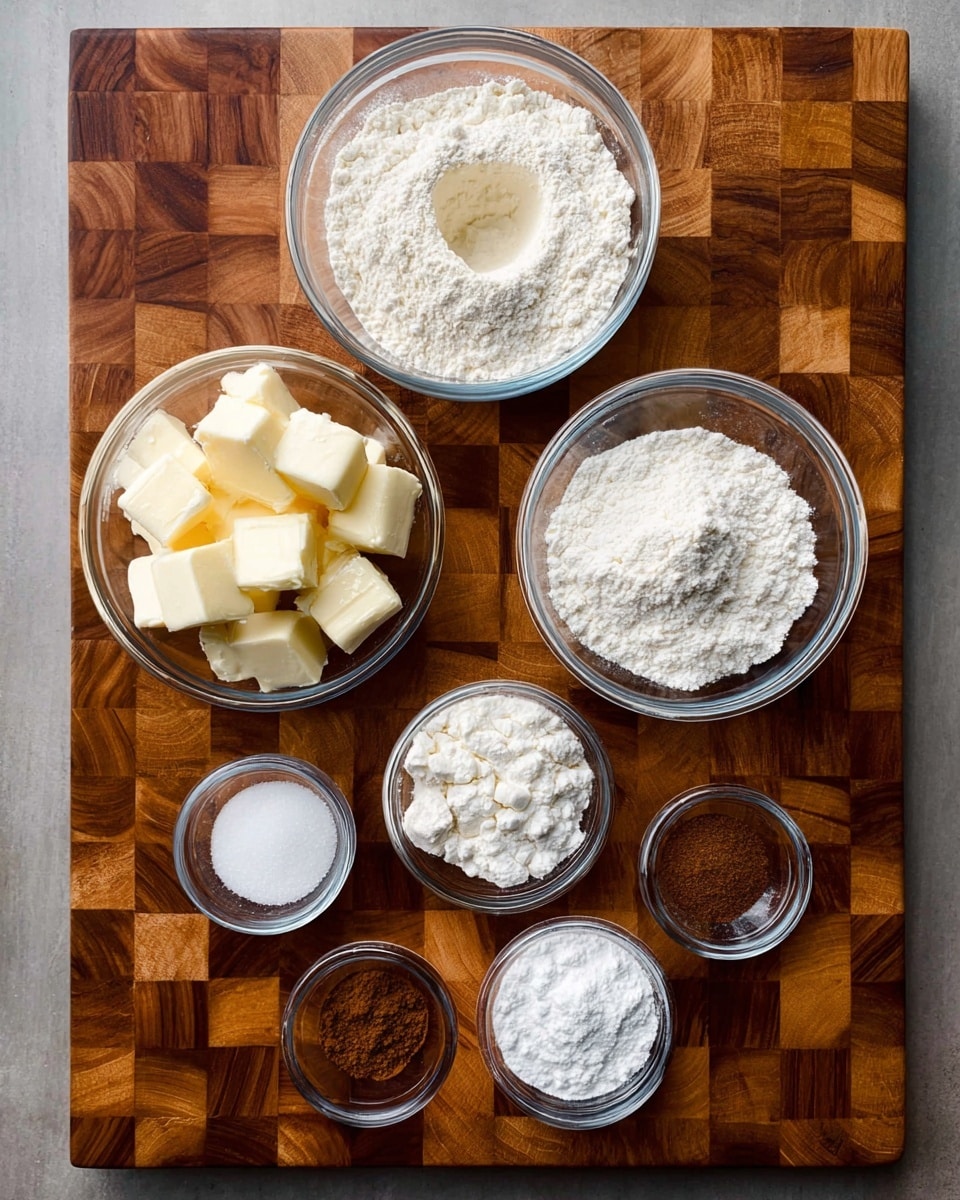 Six clear glass bowls are arranged in a loose cluster on a wooden cutting board with a checkered pattern. The largest bowl holds white flour with a slight indentation on top. Below it, a medium bowl contains white powdered sugar with a similar indentation. To the left, a medium bowl is filled with pale yellow butter cubes, neatly stacked. Below the butter, a small bowl has white granulated sugar. To the right of the powdered sugar, a small bowl contains dark brown cinnamon powder. At the bottom right, two tiny bowls hold salt and baking powder, both white powders. The photo is taken with an iphone --ar 4:5 --v 7