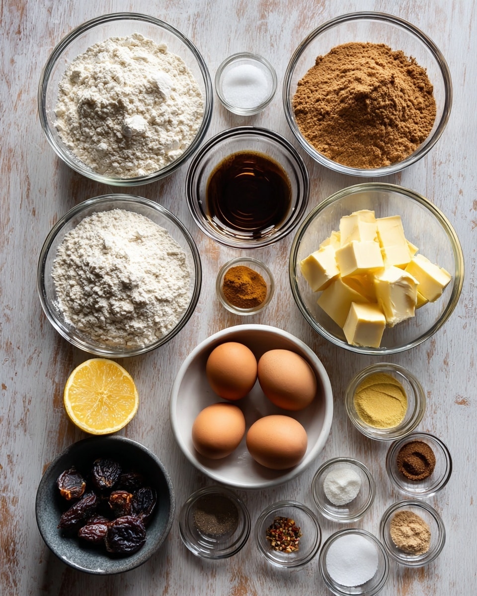 A top view of various baking ingredients arranged neatly on a white marbled texture. There are three clear glass bowls filled with white flour, brown sugar, and whole wheat flour, a small glass bowl with a dark liquid, and two brown eggs placed side by side. A white bowl holds pale yellow cubed butter, while a dark gray bowl contains dried figs. There is also a halved lemon, a small bowl of lemon zest, and several small glass bowls with spices, salt, and powder arranged around the main bowls. The scene is well-lit and organized, showing all ingredients clearly. Photo taken with an iphone --ar 4:5 --v 7