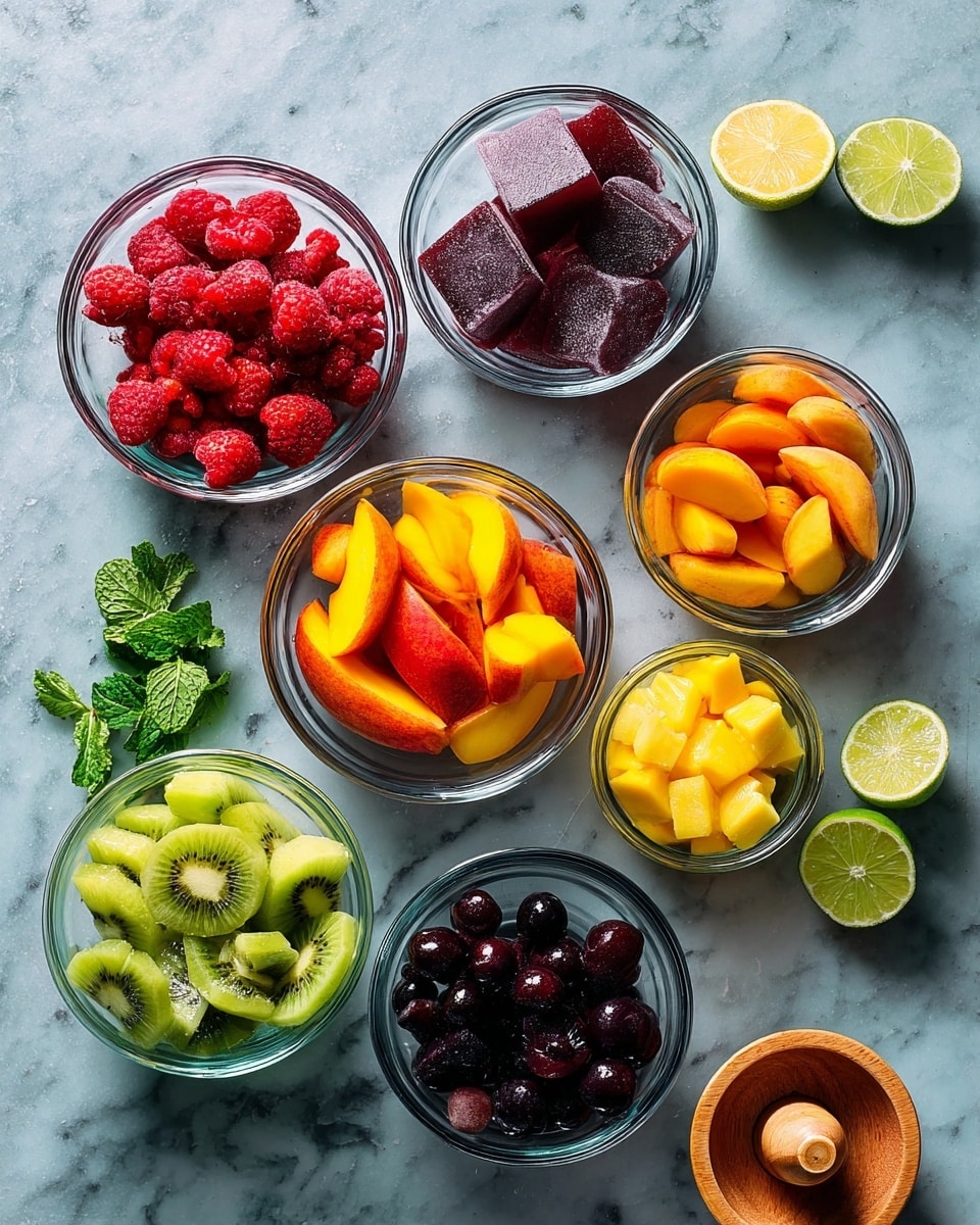 A top-down view of several clear glass bowls filled with colorful frozen and fresh fruits arranged on a white marbled texture. In the top left bowl, there are red raspberries and a single dark purple frozen block. Below it, a bowl full of frozen red strawberries. To the right, a bowl with bright yellow and orange peach slices. Below that, a bowl with orange and yellow mango chunks. In the bottom right bowl, there are small dark purple berries. To the bottom left, a bowl with fresh green kiwi slices and yellow pineapple pieces. Next to it, fresh green mint leaves in a small bowl. Scattered around are several lime halves and a lemon half near a wooden citrus juicer, all sitting on the white marbled texture. Photo taken with an iphone --ar 4:5 --v 7
