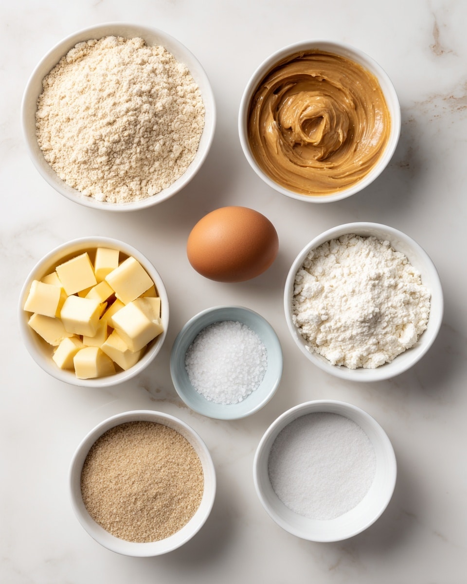 The image shows eight small white bowls and one brown egg arranged neatly on a white marbled surface. From top left to bottom right, the first bowl is filled with light beige bread flour, finely ground and filling the bowl. Next to it on the right is a bowl with smooth, creamy light brown peanut butter. Below the peanut butter is a single brown egg, uncracked and resting on the white marbled surface. On the left below the bread flour is a bowl filled with small cubes of yellow butter, clearly packed inside the bowl. Adjacent and slightly lower to the right, a bowl contains fine, bright white powdered sugar. Beneath the butter, three smaller white bowls hold kosher salt (white crystals), granulated white sugar, and baking powder (white powder), respectively. On the bottom right is an empty white bowl with a few specks, labeled for water. The overall layout is clean and organized, with ingredients clearly visible in white containers. photo taken with an iphone --ar 4:5 --v 7