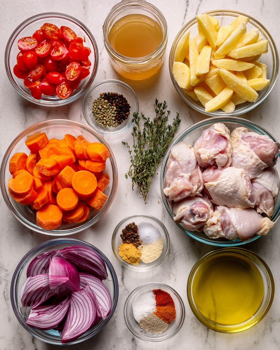A white marbled surface holds multiple clear glass bowls arranged neatly, each filled with different ingredients. In the top right, a small bowl contains light yellow potato wedges, next to a jar with golden chicken stock. Below, a larger bowl shows raw chicken thighs with pale pink skin and meat. To the left, another bowl holds bright orange carrot slices, and a smaller one contains red cherry tomato halves. Next to the carrots, a bowl has deep purple red onion wedges. Several tiny clear bowls hold various spices and liquids: black pepper (dark specks), fine light beige garlic powder, light brown cumin, reddish paprika powder, salt (white powder), yellow Dijon mustard, golden maple syrup, olive oil with a greenish tint, and a semi-transparent white liquid labeled flour. Fresh green thyme sprigs lie near the center for garnish. Photo taken with an iphone --ar 4:5 --v 7
