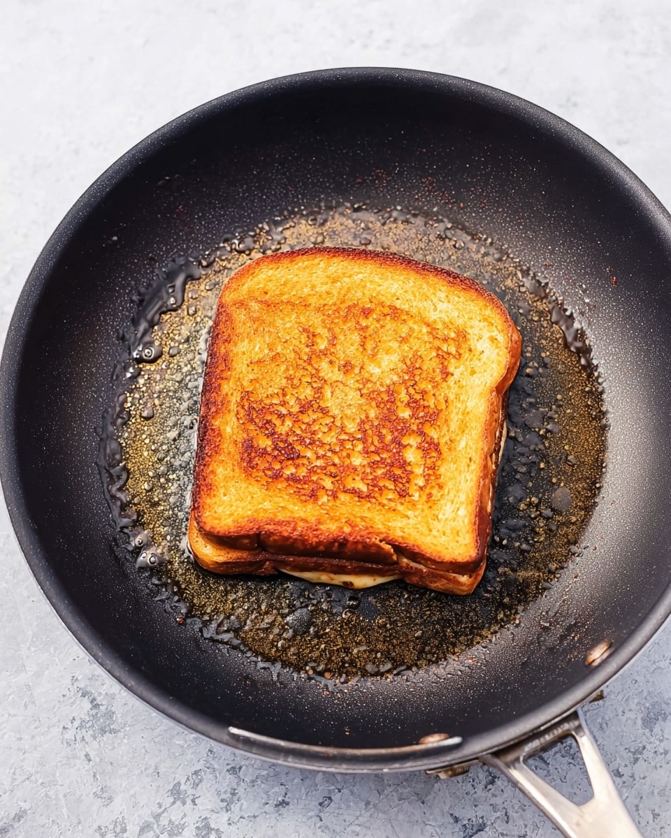 A golden brown sandwich with a crispy toasted crust sits in the middle of a black frying pan. The bread shows a rich warm yellow and light brown color with some darker spots, showing a crunchy texture. Inside the sandwich, a small hint of melted cheese and possibly some filling colors like pale yellow can be seen peeking from the sides. The pan’s surface has melted butter or oil pooling around the sandwich with some bubbling and browning bits near the edges. The background is a white marbled texture. Photo taken with an iphone --ar 4:5 --v 7