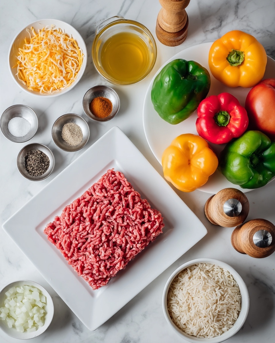 A white plate holds a thick square block of raw ground beef with a rich red color and slight texture from the meat. To the left, a small white bowl contains a mix of shredded Mexican cheese blend in shades of yellow and white. Above are four small stainless steel bowls with labeled spices: black pepper (dark granules), salt (white grains), brown sugar (light brown granules), and taco seasoning (reddish-brown powder). A small white bowl next to these holds finely chopped sweet onion, white with a slight shine. On the right side, a large white plate displays eight whole bell peppers in green, yellow, orange, and red colors with glossy textures. Nearby are two white bowls with diced tomatoes and Rotel, both bright red and finely chopped. Above is a clear glass measuring cup with yellow chicken broth, and a small wooden bowl filled with uncooked rice, pale beige with grain texture. Two wooden seasoning grinders with silver tops stand near the center. All items rest on a white marbled surface. Photo taken with an iphone --ar 4:5 --v 7