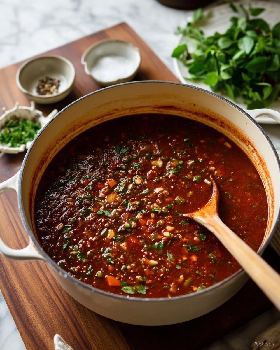 A large white pot filled with thick dark red soup, showing small bits of green, orange, and white vegetables mixed throughout. A wooden spoon is partly placed inside, resting on the right side of the pot. The pot sits on a wooden surface with two small white bowls behind it, one containing salt and the other pepper. In the background, there is a white plate with green leafy herbs. The setting is on a white marbled texture countertop. photo taken with an iphone --ar 4:5 --v 7