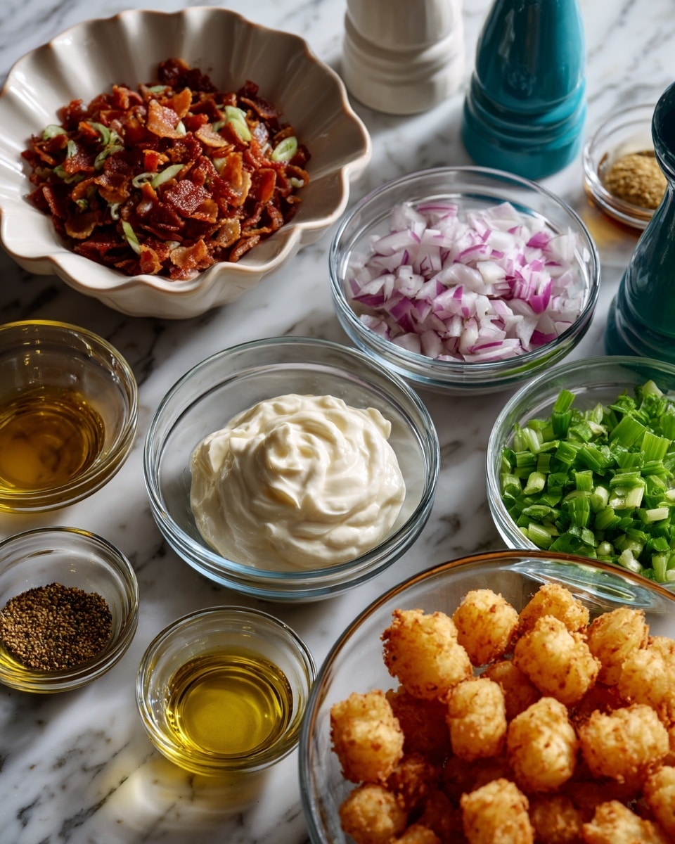 The image shows several small clear bowls and a white scalloped bowl arranged on a white marbled surface. The white scalloped bowl at the top left is filled with small browned bacon pieces. Near the center, a clear bowl holds finely chopped red onions, while to its right, another clear bowl contains chopped light green celery. Below the onion bowl, there is a clear bowl filled with a thick white creamy substance, likely mayonnaise. To the left of it, a small clear bowl has a golden liquid, and below that, two more small clear bowls contain whole grain mustard and yellow mustard. A smaller bowl below the mayonnaise bowl holds a clear light yellow liquid, possibly vinegar or oil. Near the top right, there are a teal and a white pepper grinder. A red and yellow bag of Ore-Ida Extra Crispy Tater Tots is positioned at the bottom right corner. Everything is on a white marbled surface. photo taken with an iphone --ar 4:5 --v 7