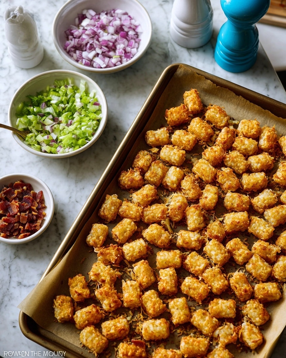 A baking tray filled with a single layer of golden brown tater tots, each crispy and evenly browned, resting on parchment paper. Above the tray, three small white bowls are placed on a white marbled surface: one holds finely chopped celery with a light green color, another has diced red onions showing a purple hue, and the third is filled with crumbled cooked bacon pieces in a deep reddish-brown shade. Nearby, a white salt shaker and a bright blue pepper grinder add extra color contrast. photo taken with an iphone --ar 4:5 --v 7