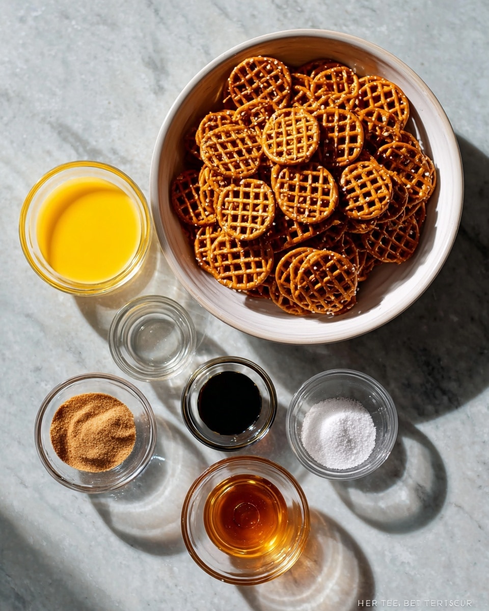 A large white bowl filled with round, golden brown pretzel crisps that have a grid pattern, placed on a white marbled surface. Around the bowl, there are five small glass bowls arranged in a loose cluster: one with melted yellow butter, one with dark vanilla extract, one with light brown cinnamon powder, one with white granulated sugar, and one with amber syrup. The setup is simple and clean with natural lighting, emphasizing the textures and colors of the ingredients and pretzels. photo taken with an iphone --ar 4:5 --v 7