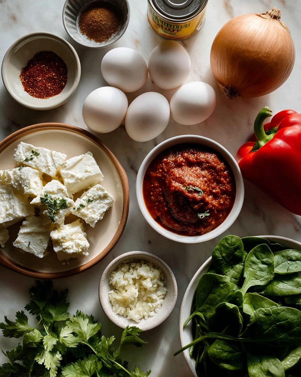 The image shows a top view of various cooking ingredients arranged neatly on a white marbled surface. There are four white eggs placed near the center, next to a whole red bell pepper on the right. Below the eggs is a tan onion and next to it a small empty fluted tin. Near the bottom left, chunks of white feta cheese rest on a beige plate with a thin brown rim. Fresh green spinach leaves fill a white bowl on the bottom right. A small white bowl with bright red harissa paste and a white bowl with fresh cilantro leaves sit side by side near the center left. Minced garlic cloves and a small metal dish hold three powders—paprika, cumin, and salt—scattered around the top-left corner. A can of whole peeled tomatoes with a yellow label is also present near the middle right. The lighting highlights the natural colors and textures of each ingredient, and the photo was taken with an iphone --ar 4:5 --v 7