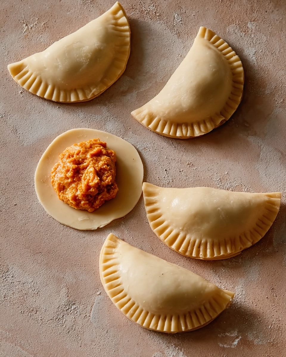 The image shows four half-moon shaped dumplings at different stages of preparation on a light brown textured surface. One dumpling is open with a round, orange filling placed in the center of a flat, circular dough. Three other dumplings are sealed with crimped edges, two having neat fork-pressed ridges along the edges, and one with a smooth edge seal. The dough is smooth and pale in color, and the filling has a textured, slightly chunky appearance. The arrangement is simple and clean. Photo taken with an iphone --ar 4:5 --v 7