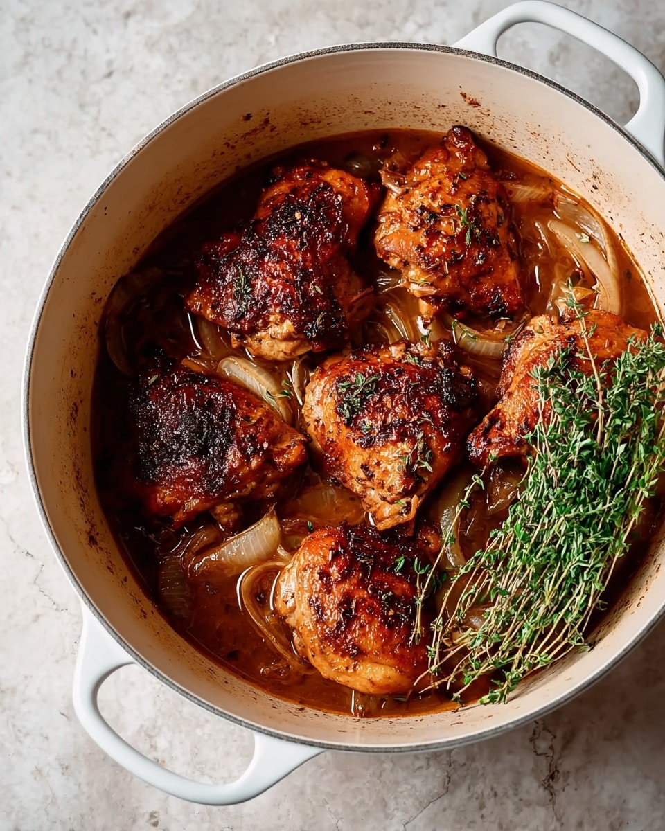 A white pot with two handles holds five browned chicken thighs nestled in a rich, brown sauce. The chicken pieces show a mix of golden and dark charred spots on top. Underneath and around the chicken, thin slices of translucent onions soak in the sauce. A small bunch of fresh green thyme sits on the right side of the pot, adding a touch of color. The pot is set on a white marbled surface, which contrasts with the warm tones of the dish. photo taken with an iphone --ar 4:5 --v 7