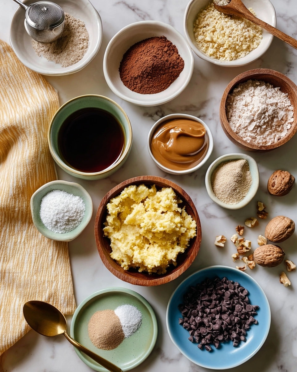 The image shows several small white and blue bowls arranged neatly on a white marbled surface. There is a wooden bowl in the center filled with a thick, light yellow mashed substance. Around it, starting from the top left, there is a white bowl with brown powder and a metal tea infuser resting on it, a small white bowl with dark brown liquid, a white bowl containing a pale yellow powder, a small decorative white dish holding two powders side by side—brown and white, a green bowl with smooth brown nut butter, a wooden bowl with coarse white salt and a small golden spoon, a blue bowl filled with a light beige powder, a small white plate holding a tiny amount of white solid fat, a white bowl filled with dark brown chocolate chips, and a white bowl with small chopped light brown nuts near a yellow and white kitchen towel photo taken with an iphone --ar 4:5 --v 7
