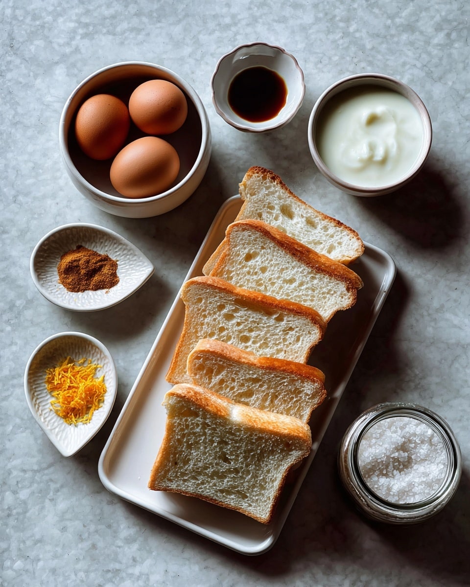 The image shows a white rectangular tray filled with eight slices of white bread, arranged in two neat rows with slight overlaps. To the left, there is a white bowl holding three brown eggs. Above the eggs, there is a small white dish with a dark liquid, possibly vanilla extract. Next to it, a white leaf-shaped dish contains a small pile of brown powder, likely cinnamon. To the right of this is a small white bowl with bright orange zest. Above the tray is a white bowl with a creamy white liquid, possibly yogurt or milk. To the right of this is a small rustic jar with coarse white salt. All these items are placed on a white marbled surface. The photo taken with an iphone --ar 4:5 --v 7
