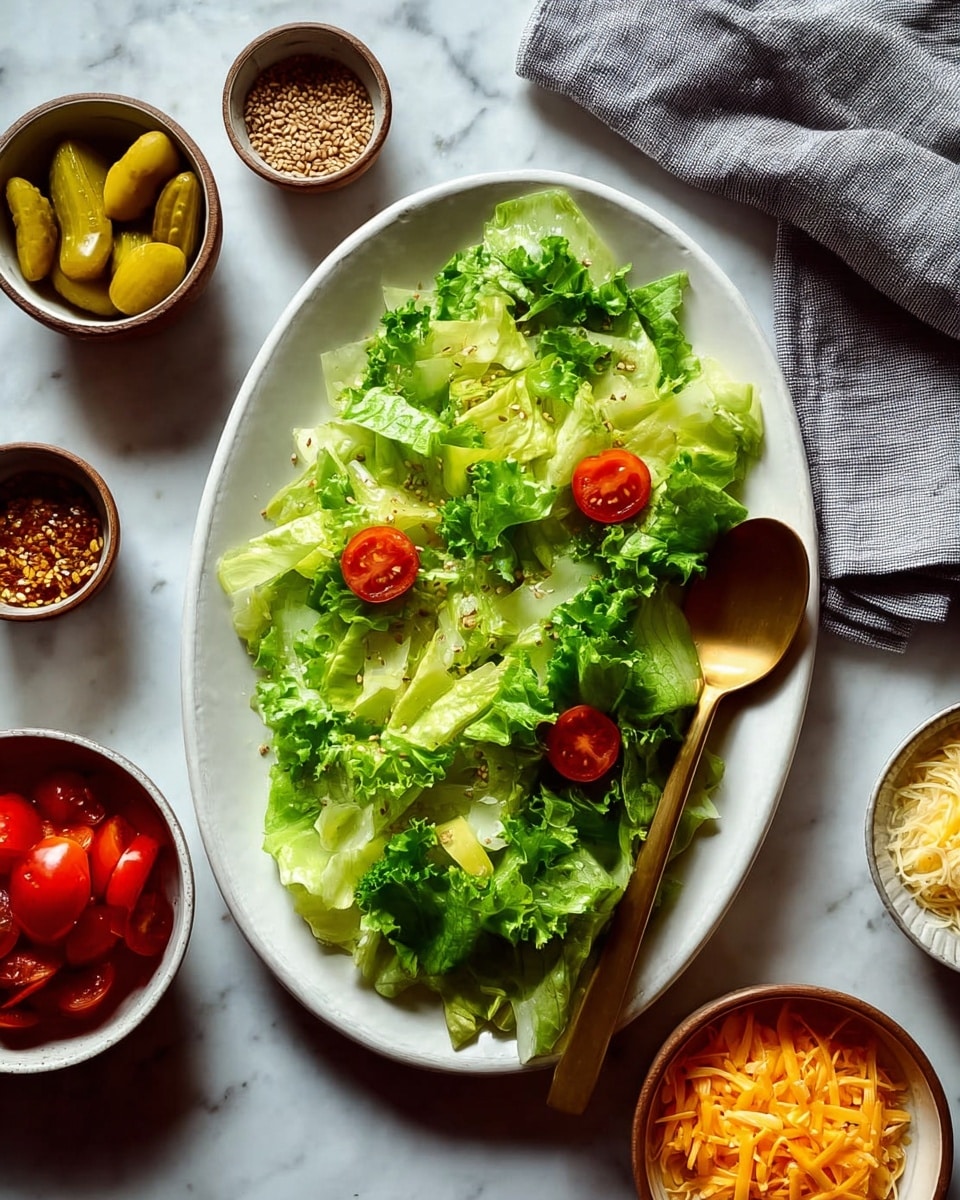 An oval white plate is filled with two layers of green lettuce leaves, with bright colors ranging from light yellow-green to dark green, creating a fresh, leafy texture. On top of the lettuce, there are two small red cherry tomato halves that add a pop of color. A gold spoon rests on the right side of the plate, slightly under the lettuce. Around the plate, on a white marbled surface, there are four separate bowls: a bowl of yellow pickles on the top left, a bowl of sesame seeds on the top right, a bowl of halved cherry tomatoes on the bottom left, and a bowl of shredded orange cheese on the bottom right. A folded gray cloth napkin sits behind the yellow pickles bowl. photo taken with an iphone --ar 4:5 --v 7