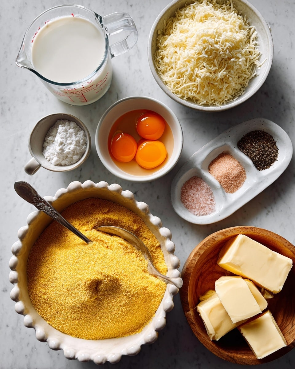 The image shows six bowls and a small plate arranged on a white marbled surface. Starting from the bottom, there is a white bowl with round beads on the edge filled with bright yellow cornmeal, with a spoon resting inside it. Above it to the left, there is a clear measuring cup filled with white milk. To the right of that, a white bowl holds pale yellow grated cheese with a crumbly texture. Above this, a small white bowl contains bright orange egg yolks. Next to it on the right, a wooden bowl has several blocks of pale yellow butter. Finally, to the top right, a small white plate arranged with three kinds of spices in layers: black pepper, pink salt, and brown spice. The overall look is clean and well-organized. photo taken with an iphone --ar 4:5 --v 7