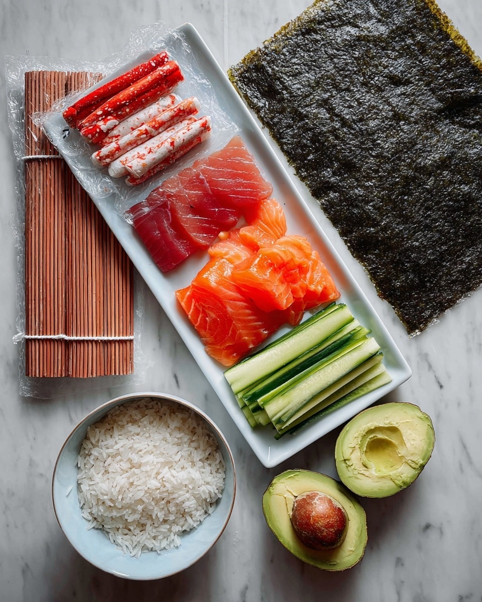 The image shows sushi-making ingredients arranged neatly on a white rectangular plate and a small white bowl, all placed on a white marbled surface. The plate is divided into five sections, with bright red crab sticks covered in plastic wrap on the top left, pale pink tuna slices on the top right, bright orange salmon slices below the tuna, light green thinly sliced cucumber sticks on the bottom right, and a dark green avocado half with the stone in the center left. Next to the plate, a small white bowl filled with white sushi rice is placed. Above the plate, a dark, almost black, rectangular seaweed sheet rests on the surface. To the left of the plate and bowl, there is a bamboo sushi rolling mat wrapped in plastic wrap, standing vertically. Photo taken with an iphone --ar 4:5 --v 7