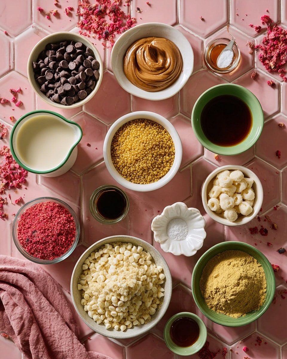 A collection of eleven small bowls and dishes arranged on a pink hexagonal tiled surface with scattered freeze-dried strawberry pieces. The top left bowl holds a pile of dark chocolate chips, while next to it is a white bowl with smooth, swirled brown almond butter. To the right is a white bowl filled with golden bee pollen granules. Below the almond butter is a small white dish with white salt grains. Near the center is a small flower-shaped bowl with a white, solid coconut oil scoop. To its right, a small clear glass bowl contains dark vanilla extract. Below that, a green bowl with a rough yellow powder, and a large white speckled bowl filled with white chocolate chips. A pink small bowl at bottom center holds more of the golden bee pollen granules. A green-rimmed white pouring cup with creamy milk is at bottom left, next to a round glass bowl of dark maple syrup. A white bowl near the center has pale yellow powdered peanut butter, and a small white bowl below has a bright red freeze-dried strawberry powder. A soft pink cloth is placed at bottom left corner. Photo taken with an iphone --ar 4:5 --v 7